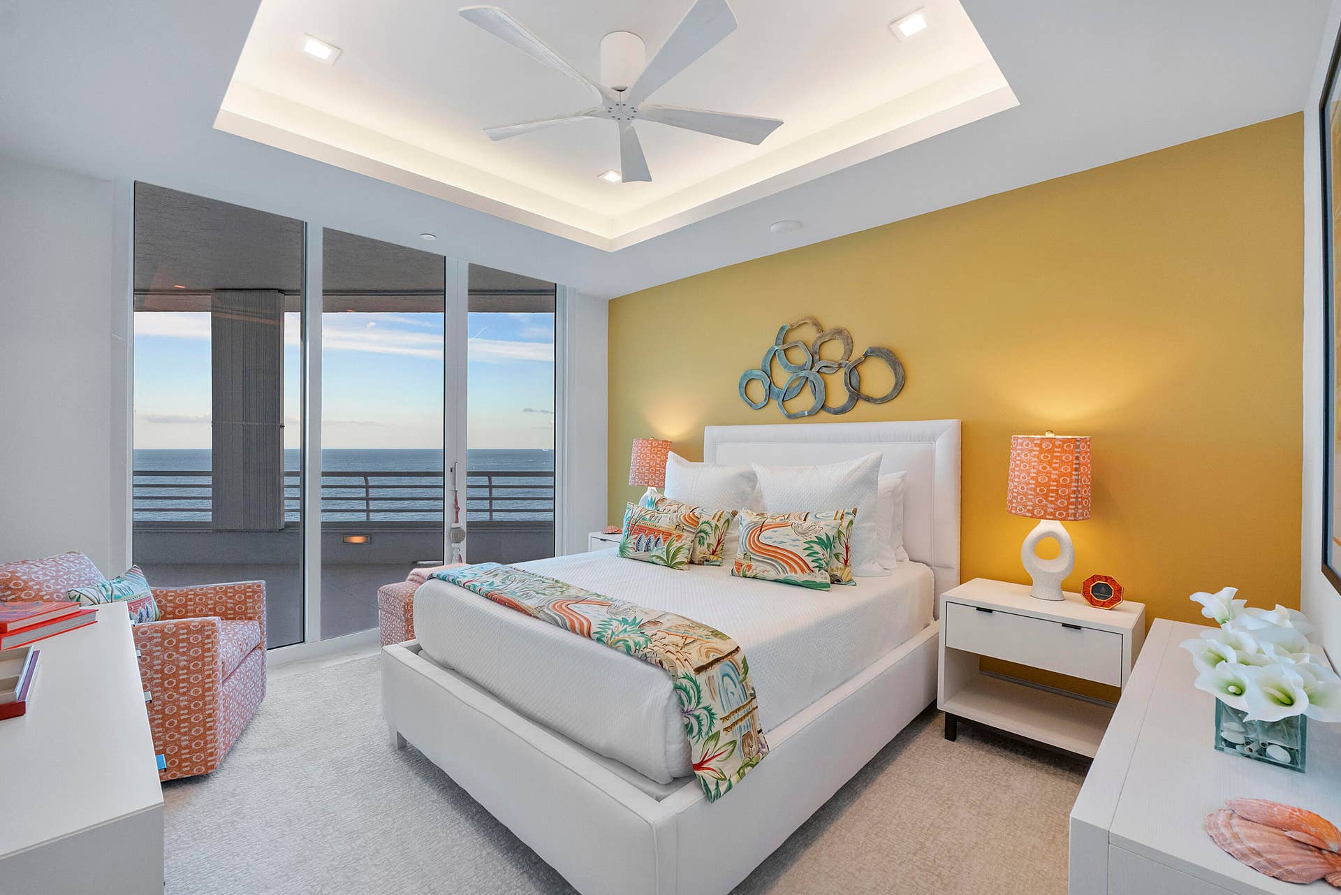 1700 S OCEAN Boulevard, #PH B-D, Lauderdale By The Sea, FL 33062 A Vibrant Guest Retreat
Positioned at the entrance to the private En-Suite Gallery, the Mandarin Room is a joyful jewel-box guest retreat, where a rich mandarin feature wall, tropical-inspired textiles and a softly illuminated double tray ceiling frame beautiful ocean viewscreating a sophisticated, sun-kissed sanctuary with the ambiance of a private five-star resort.