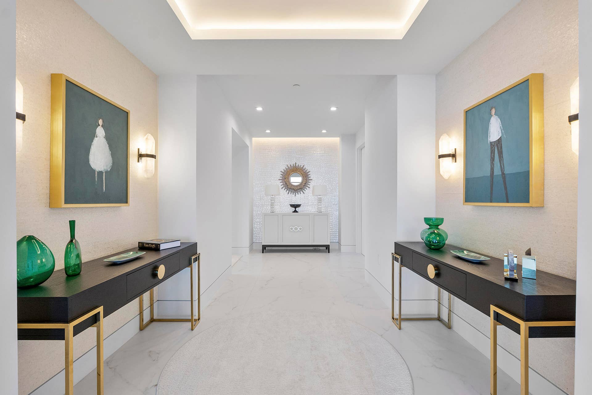 1700 S OCEAN Boulevard, #PH B-D, Lauderdale By The Sea, FL 33062 This is the stunning foyer as you walk into the Penthouse, The entry double doorway is to the right of the gold circle Foyer mirror, This entryway is one of 2 double door entryways on the top floor of the Cristelle tower entryways into the penthouse, The 4ft by 4ft European porcelain flooring with designer decorations & tray ceiling lighting throughout, All designer furniture is an additional negotiation,