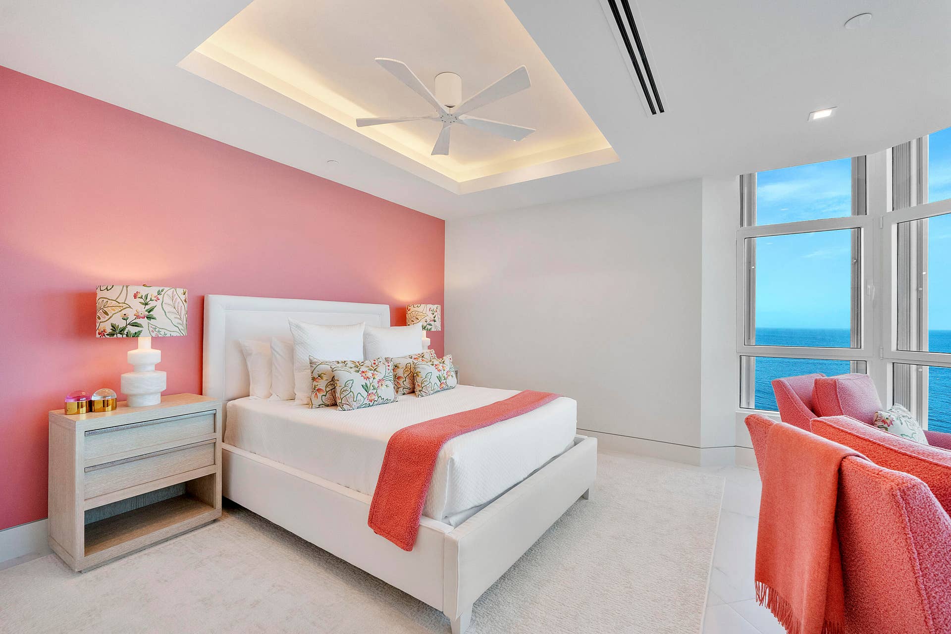 1700 S OCEAN Boulevard, #PH B-D, Lauderdale By The Sea, FL 33062 Inspired by the romance of the coast, The Rosewood Room is a beautifully curated guest suite where soft blush pink accents blend effortlessly with creamy white interiors. A private sitting room, elegant en-suite bath, and sweeping ocean vistas that stretch along miles of sandy beaches to the Miami skyline make this a truly enchanting retreat.
