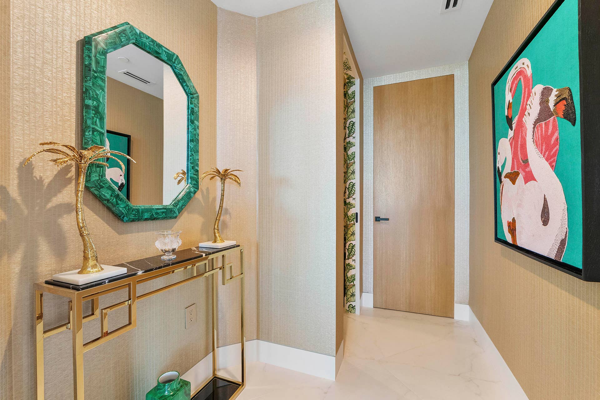 1700 S OCEAN Boulevard, #PH B-D, Lauderdale By The Sea, FL 33062 A Secret Passage of Tropical Elegance Tucked discreetly beside the grand gallery foyer, this enchanting private hallway feels like a hidden jewel within the penthouse. Champagne Hessian wall coverings compliment the white solid oak doors that are situated throughout the entire Penthouse