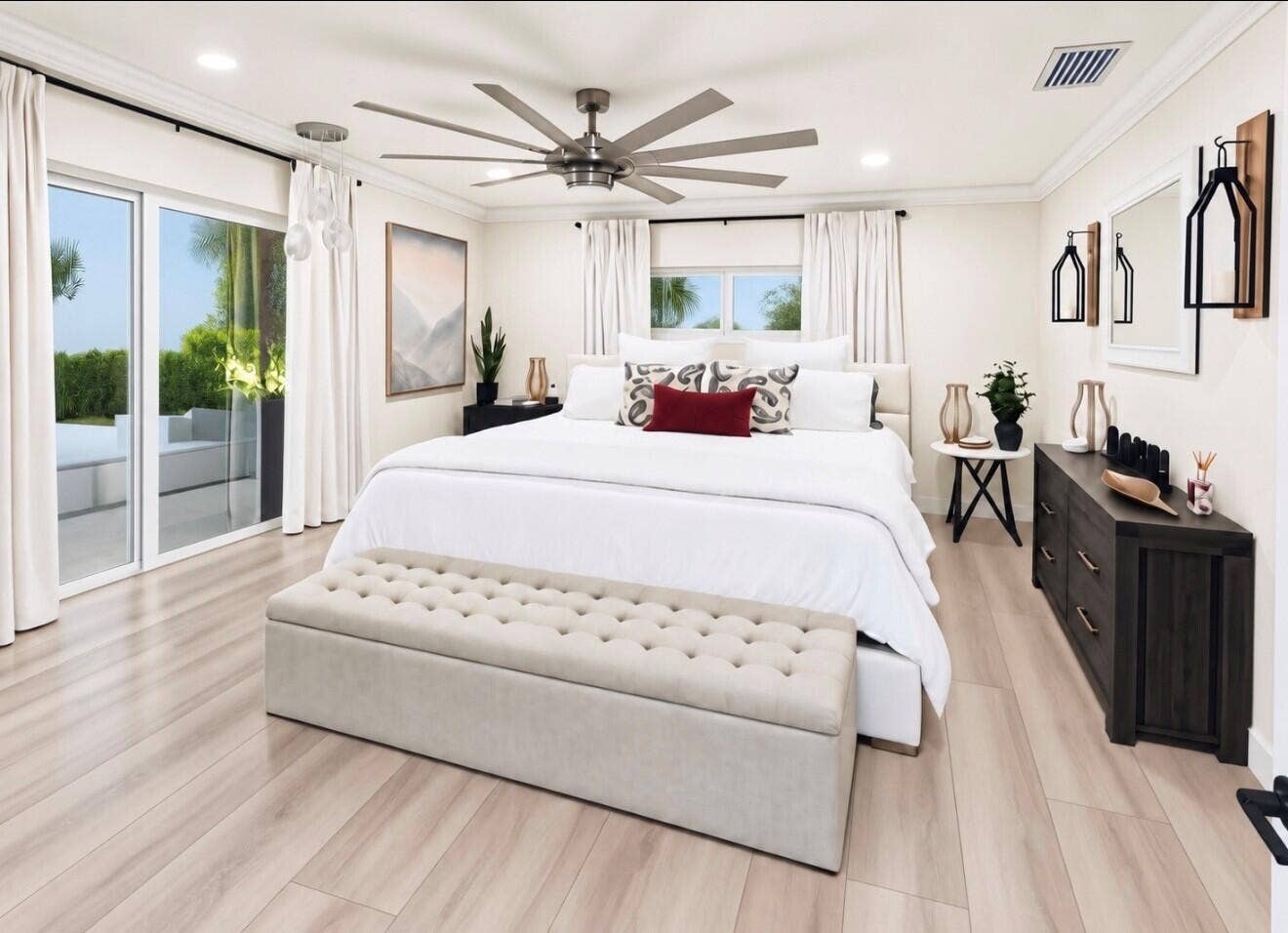 1201 SW 25TH Avenue, Boynton Beach, FL 33426 This spacious primary bedroom, with a walk in California closet offers a bright, serene retreat with Neutral finishes, warm wood flooring