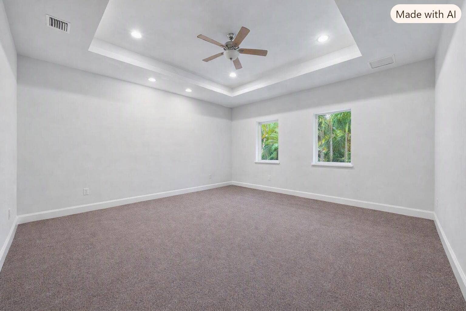 Recessed lighting, ceiling fan, two windows, tray ceiling, and neutral carpet