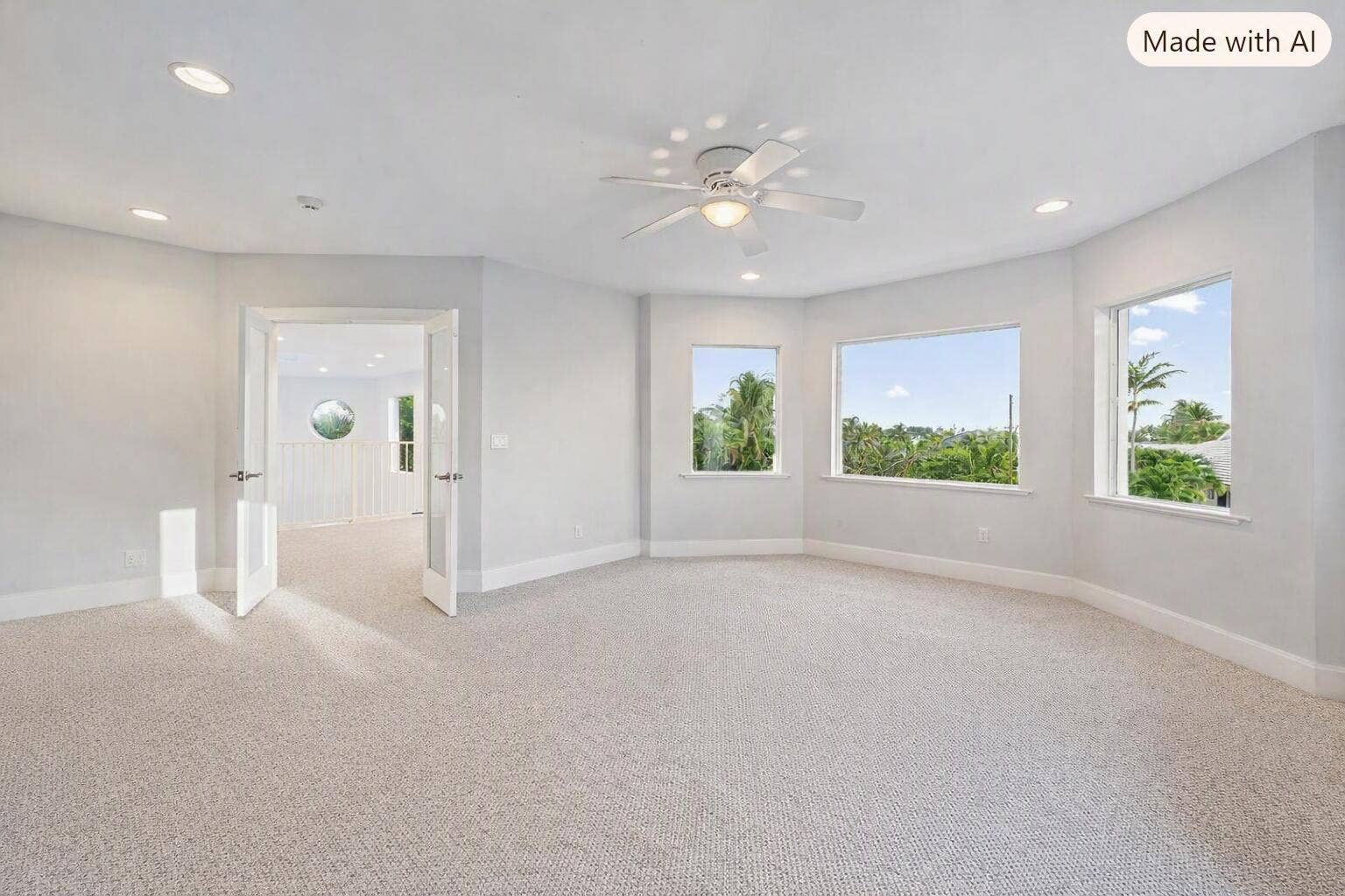 Expansive room with neutral carpet flooring, recessed lighting, and a ceiling fan