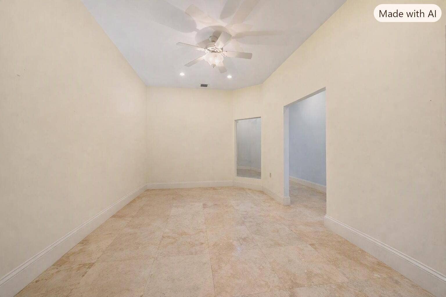 Vaulted ceiling with a ceiling fan, recessed lighting, tile flooring, and an open doorway