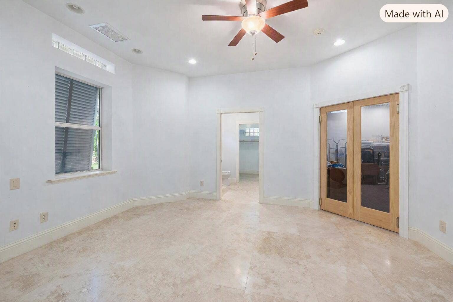Recessed lighting, ceiling fan, transom window, natural wood-finish French doors, and tile flooring
