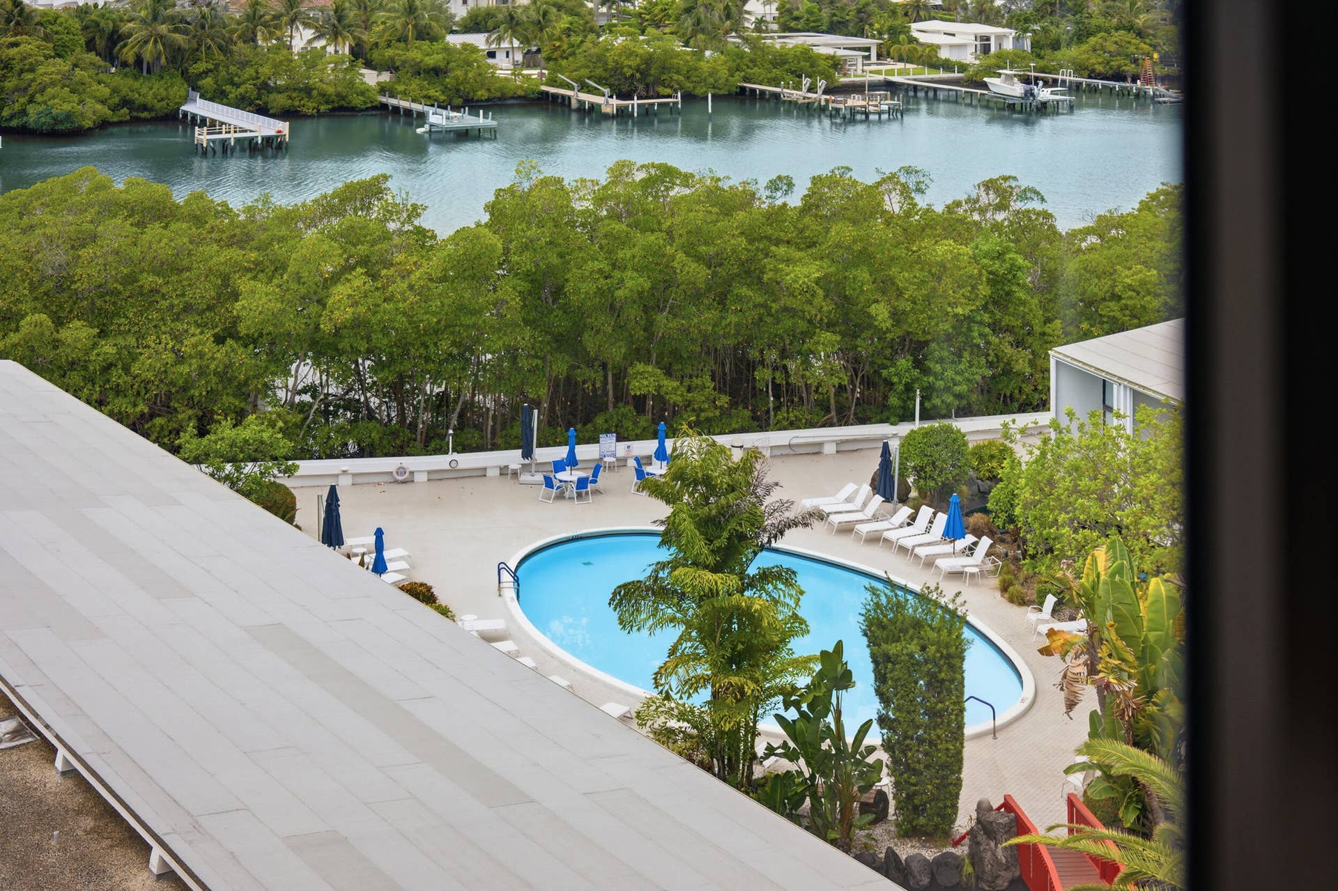 3589 S Ocean Boulevard, #808, South Palm Beach, FL 33480 Outdoor swimming pool area with a curvilinear pool, surrounded by tropical landscaping, multiple lounge chairs, and blue patio umbrellas