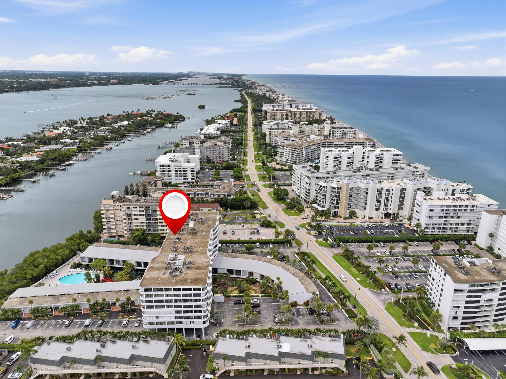 3589 S Ocean Boulevard, #808, South Palm Beach, FL 33480 Aerial perspective highlighting a waterfront community with direct ocean access