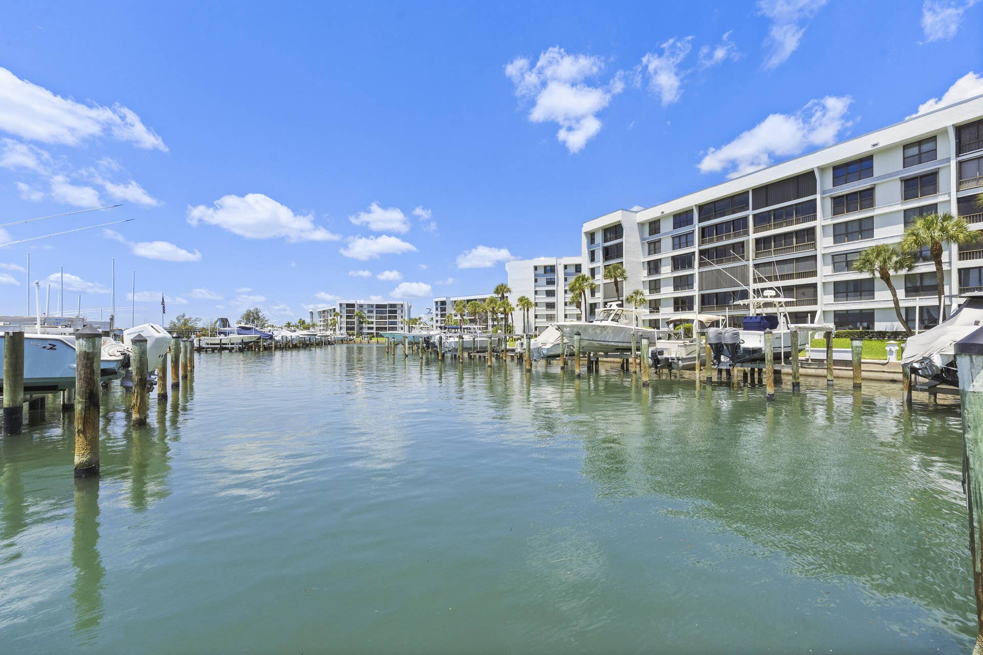 Waterfront setting with multiple boat slips, multi-story buildings, and palm trees