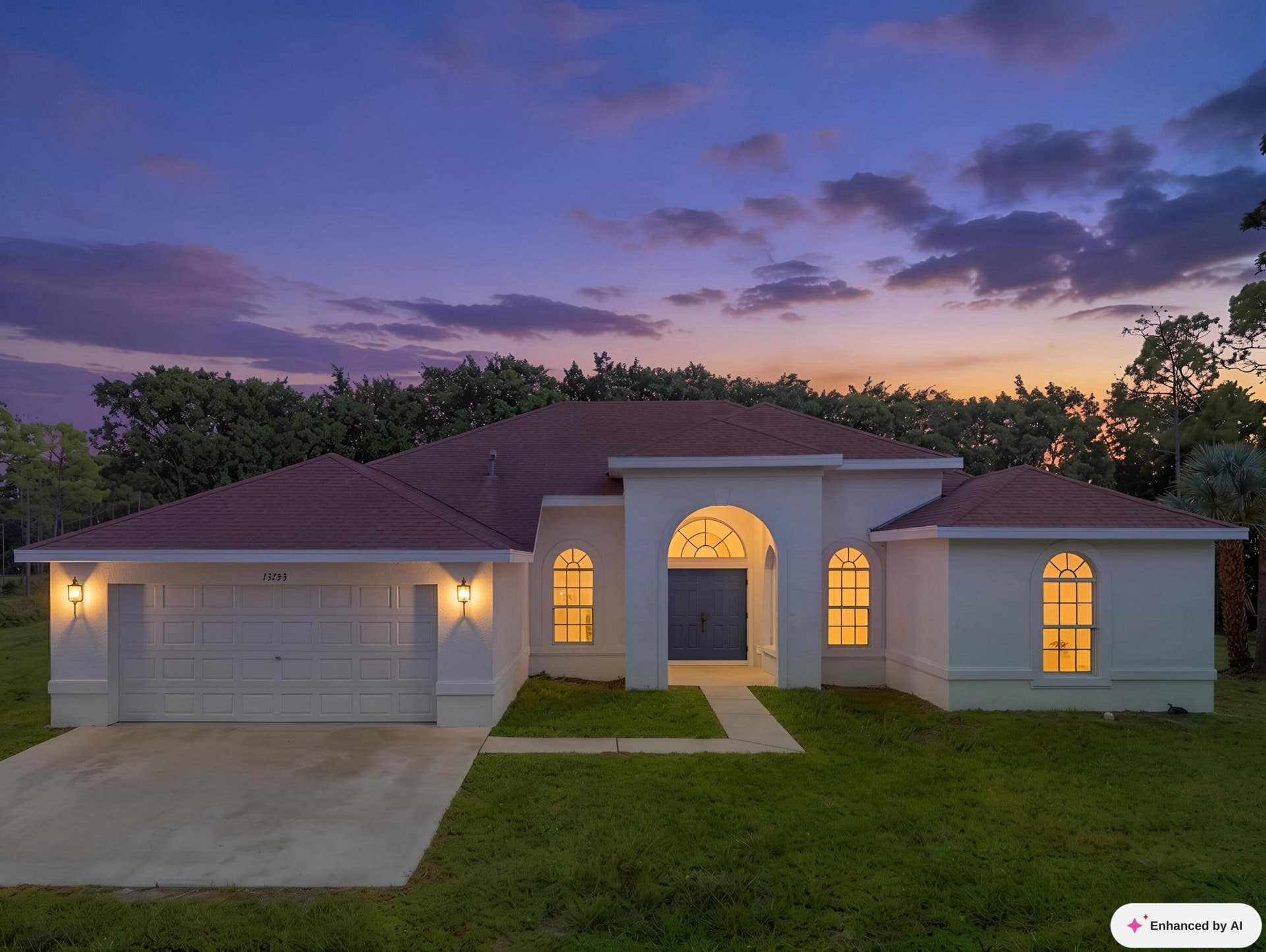 This image has been Ai Edited to illustrate the property's Dusk or Twilight View
