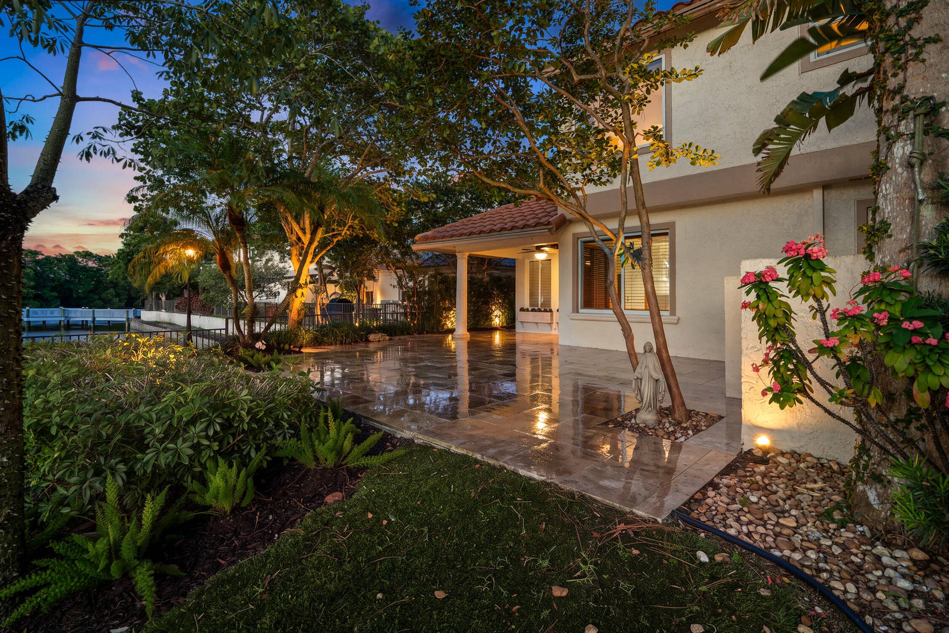 The grass area is artifical turf and requires no maintenance.