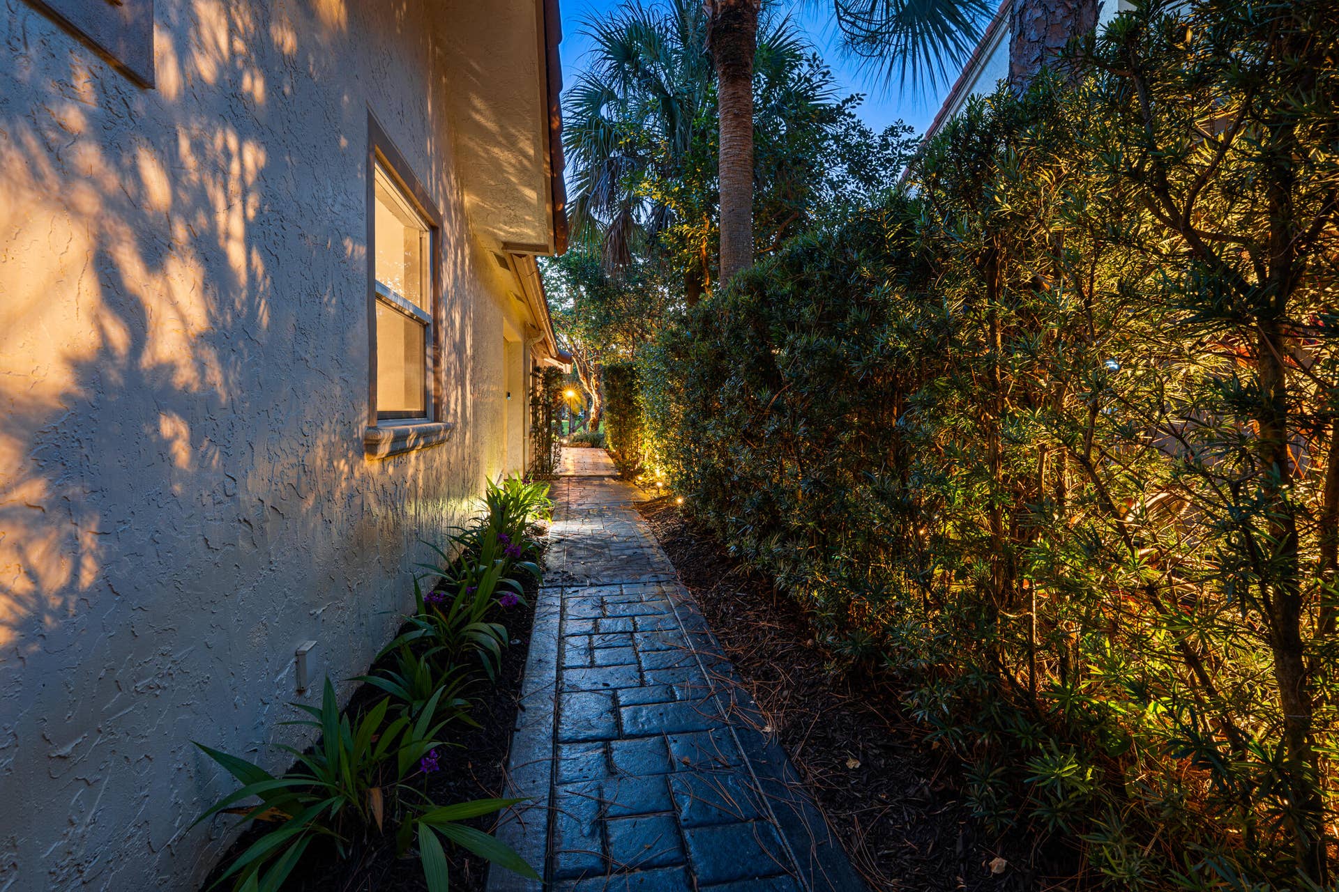 The walkway to the front entrance and the backyard.