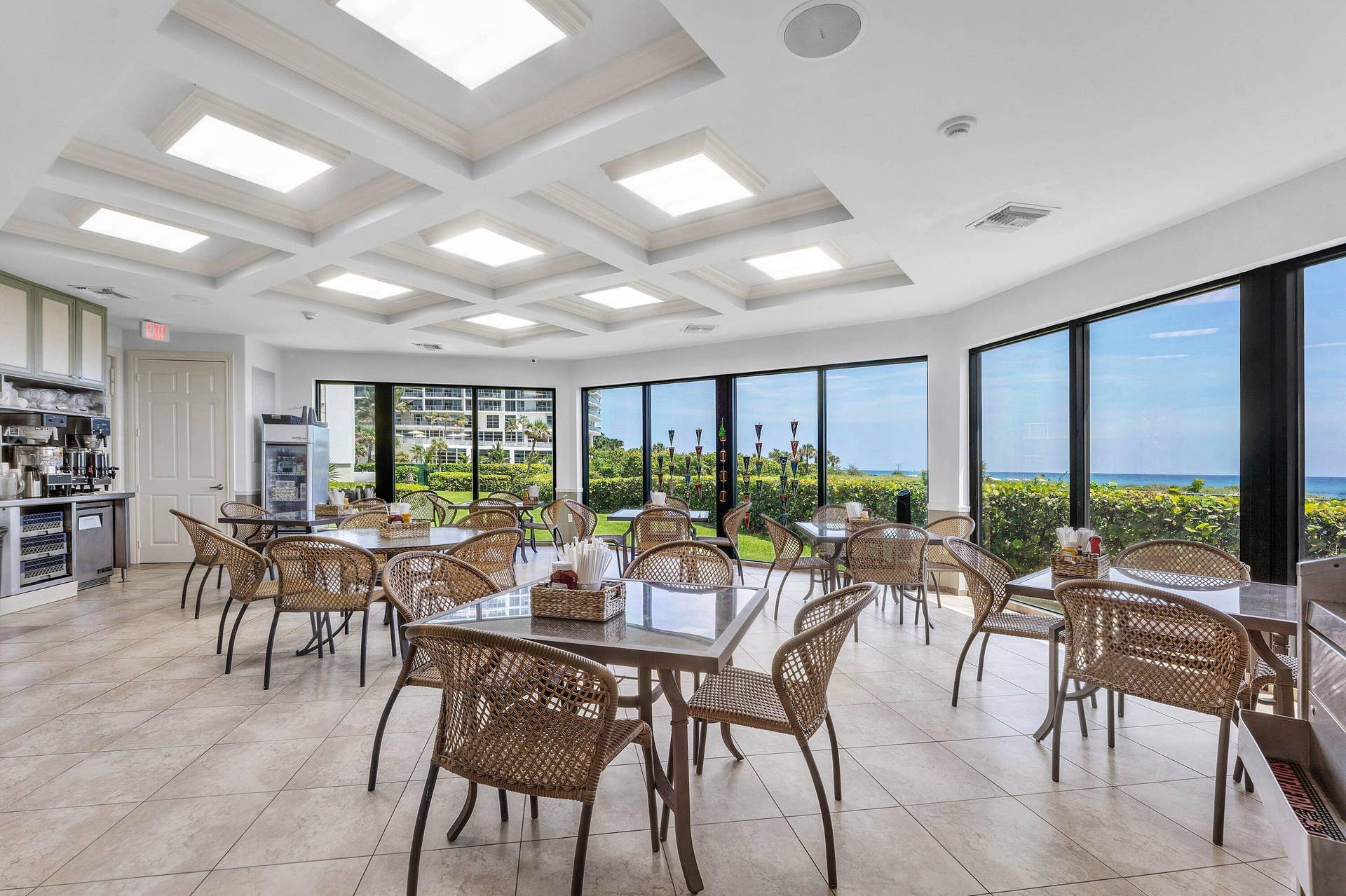 Indoor poolside seating provides a gathering space beside Tiara's outdoor amenities.