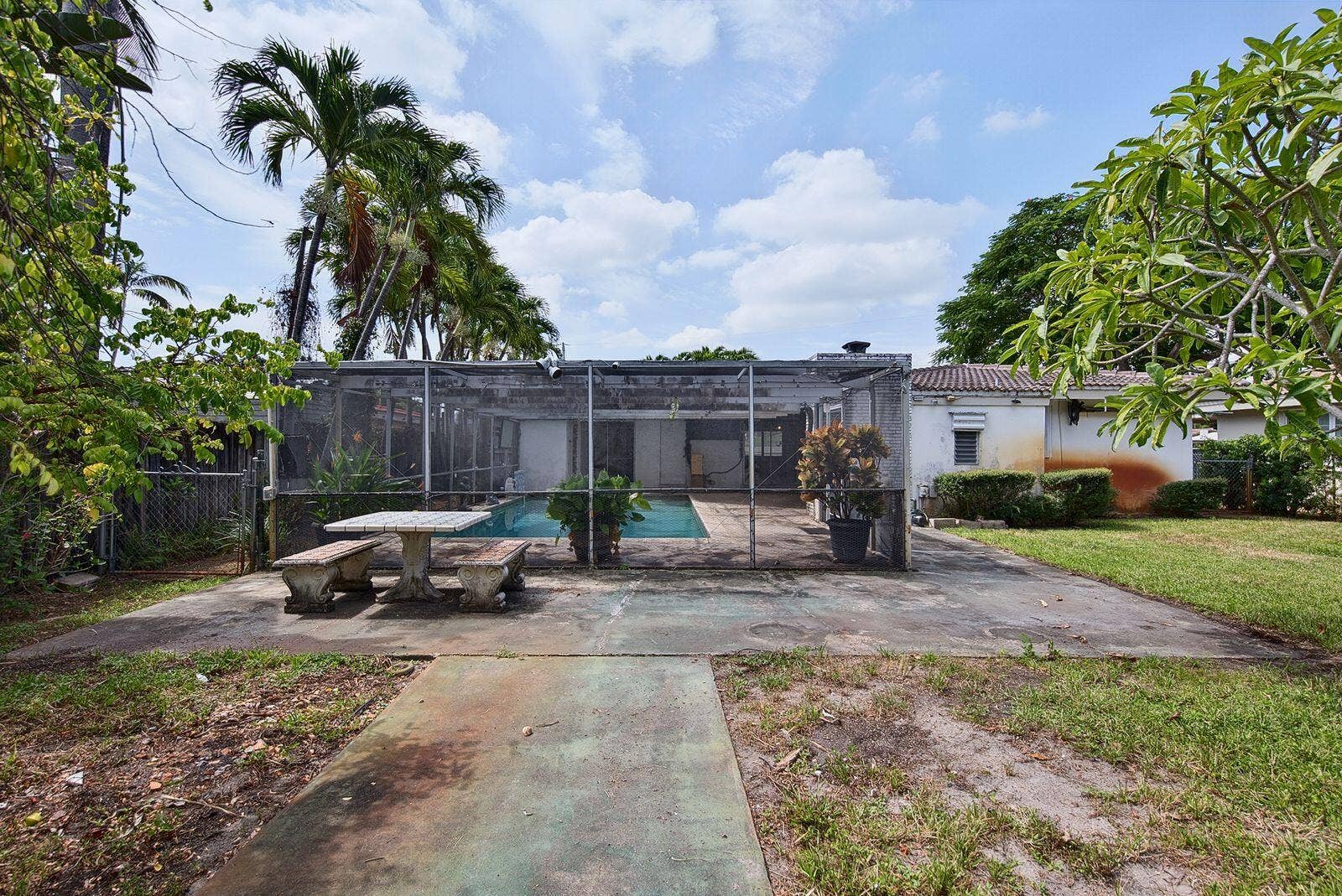 201 NE 29th Street, Wilton Manors, FL 33334 Wide view of the screened swimming pool, surrounding patio and expansive yard beyond.