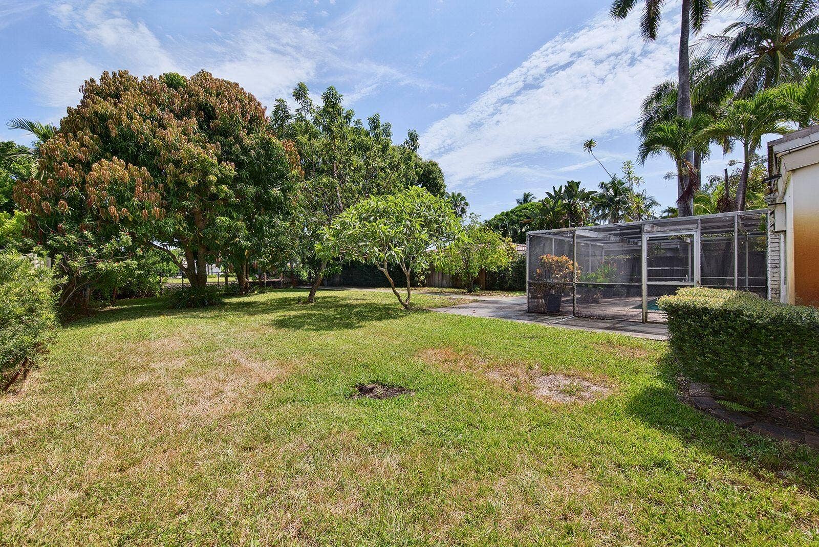 201 NE 29th Street, Wilton Manors, FL 33334 Generous backyard with mature tropical trees and ample space to create a customized outdoor retreat.