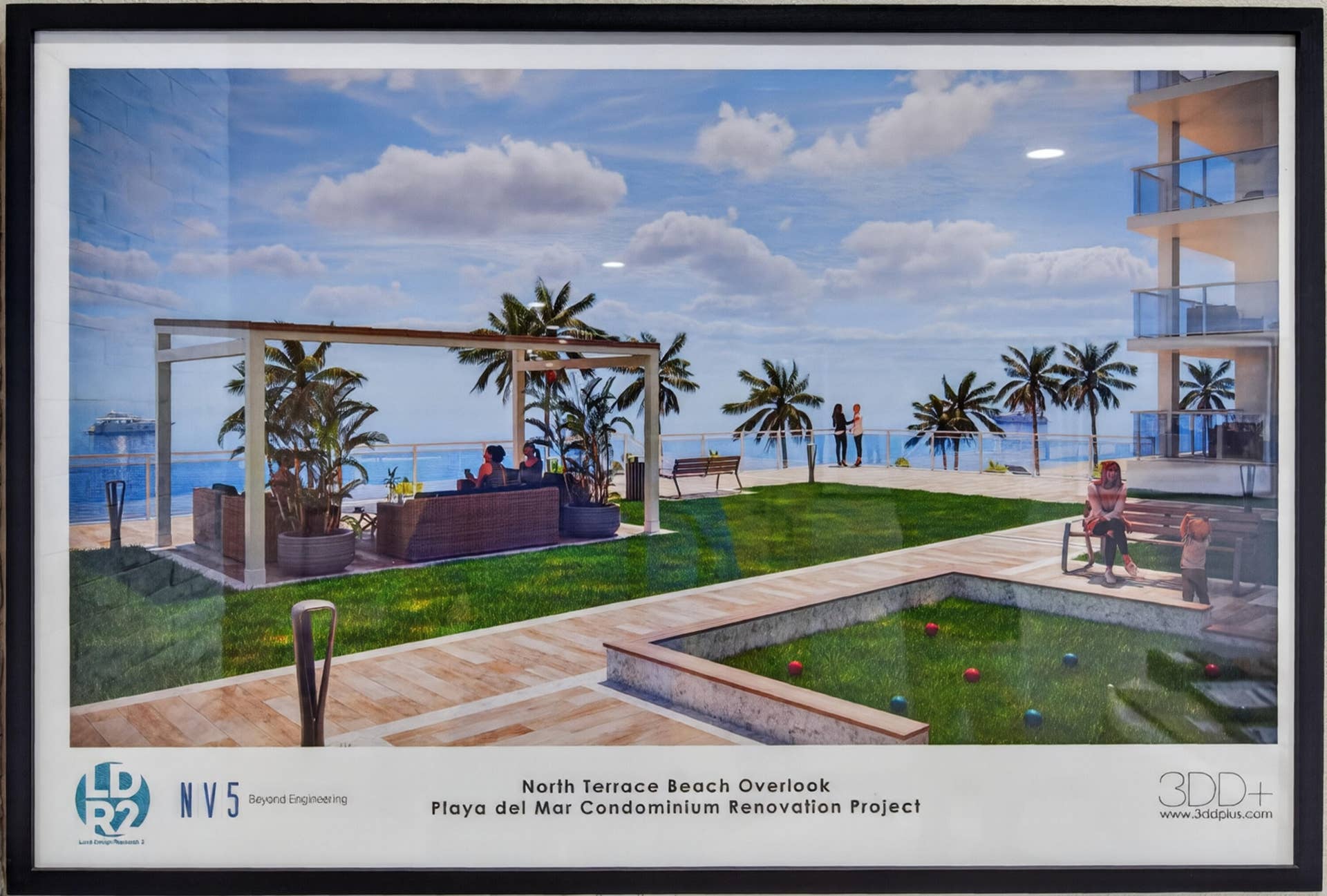 3900 Galt Ocean Drive, #2417, Fort Lauderdale, FL 33308 Architectural rendering of the proposed oceanfront terrace with landscaped lawns, shaded seating and recreational areas overlooking the beach.