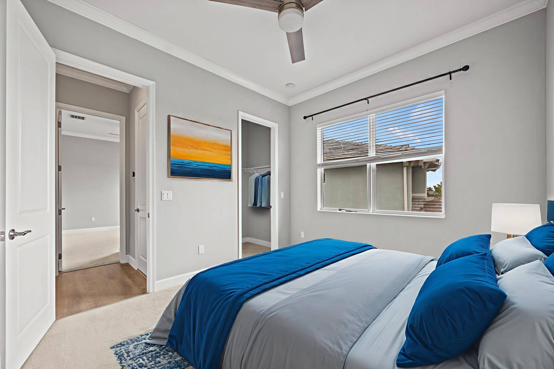 16007 Whippoorwill Circle, Westlake, Westlake, FL 33470 Recessed lighting, crown molding, ceiling fan, window with blinds, and built-in closet with shelving