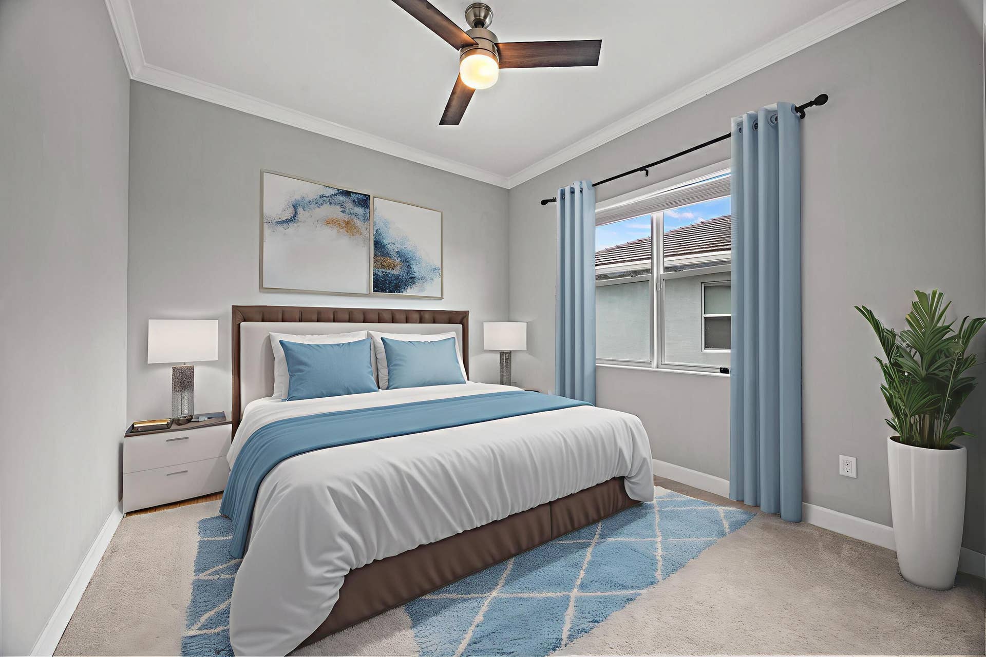 16007 Whippoorwill Circle, Westlake, Westlake, FL 33470 Recessed window with light-toned trim, crown molding, and a ceiling fan with integrated lighting