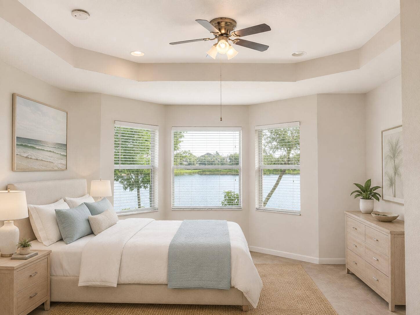 Airy coastal bedroom with bay-window lak