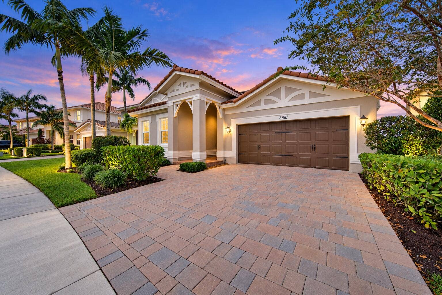 8561 LAKESIDE Bend, Parkland, FL 33076 Twilight Mediterranean Home with Palm La