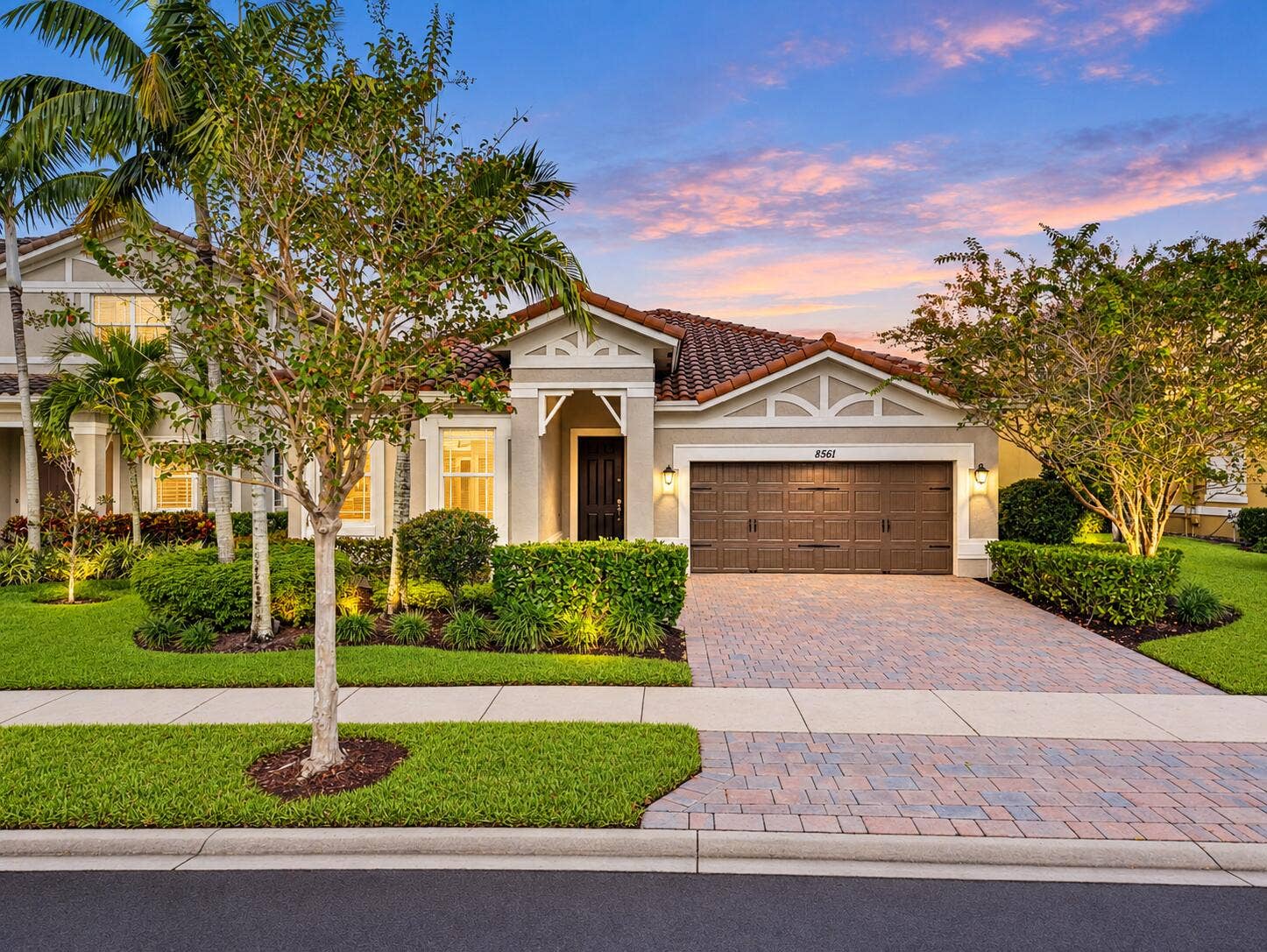 8561 LAKESIDE Bend, Parkland, FL 33076 Twilight Mediterranean Home Exterior