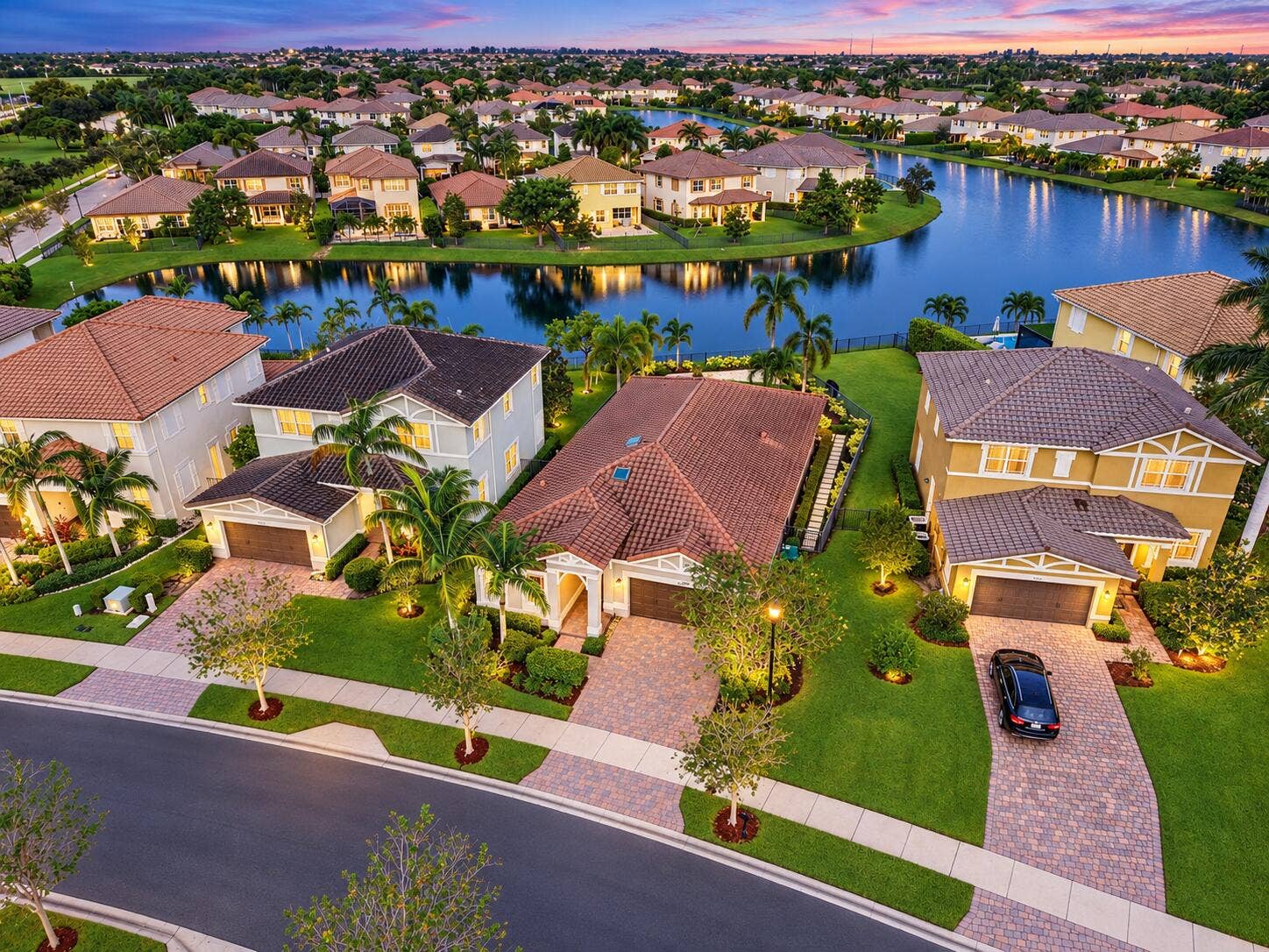 8561 LAKESIDE Bend, Parkland, FL 33076 Twilight Lakeside Suburban Neighborhood