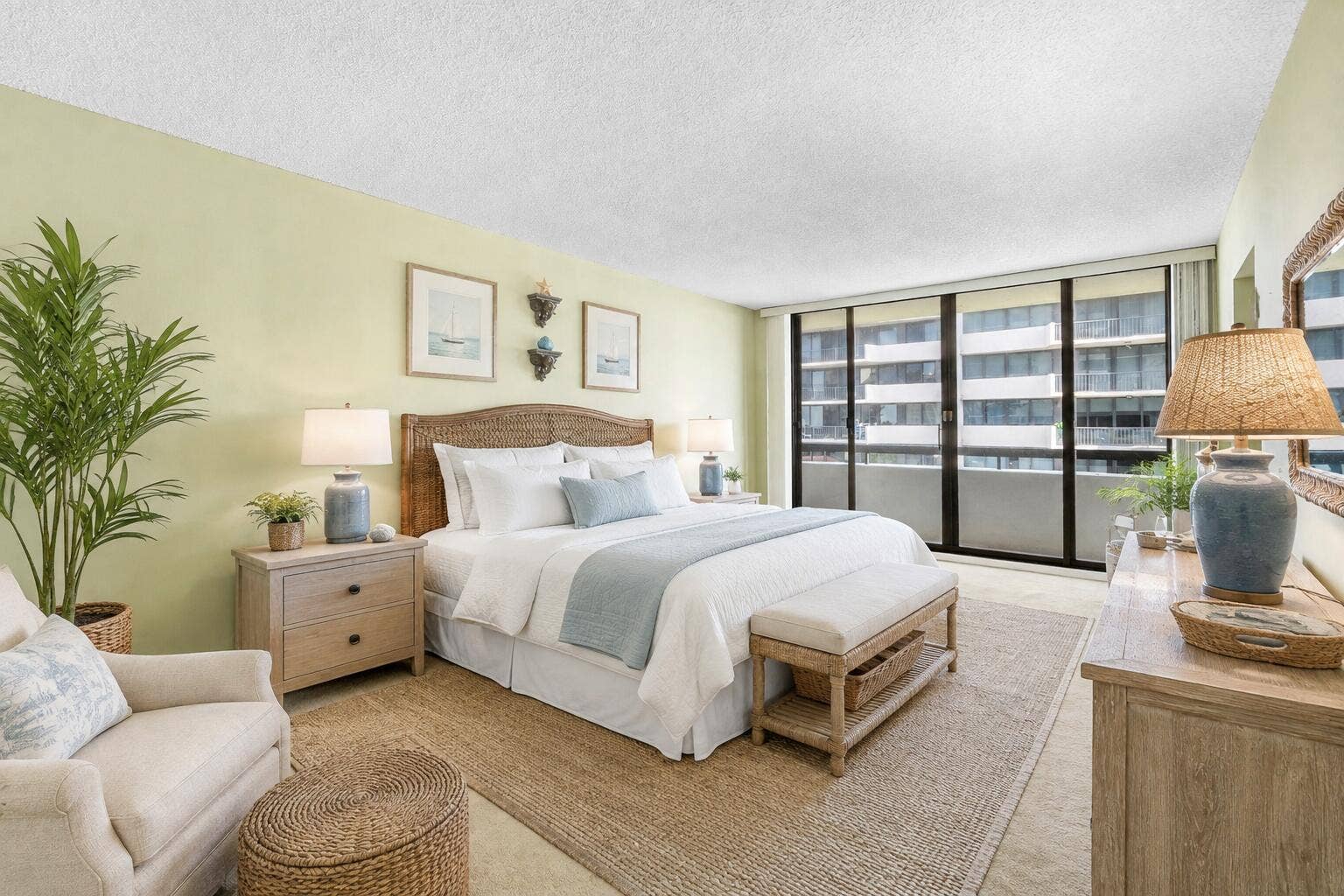 Generously scaled guest bedroom demonstrates how comfortably the second suite accommodates a full bedroom arrangement. Virtually staged; furnishings and dcor are digitally added and are not included.