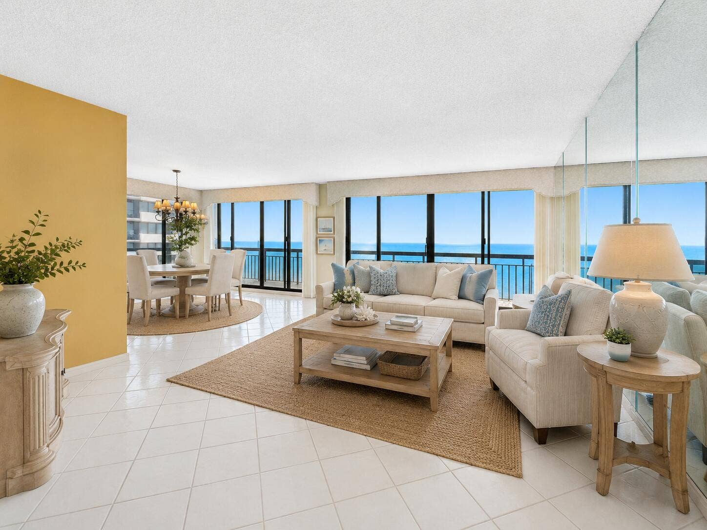 Two walls of glass frame direct ocean views from the expansive living room. Virtually staged; furnishings and dcor are digitally added and are not included.