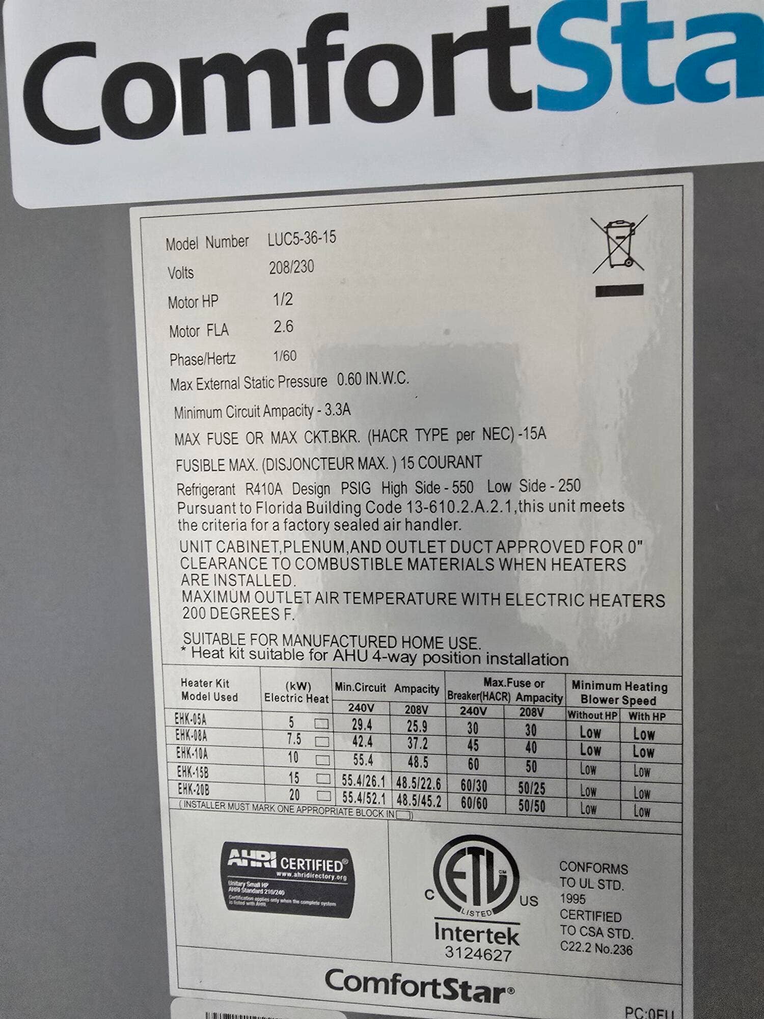 11101 Royal Palm Boulevard, #213, Coral Springs, FL 33065 hvac label