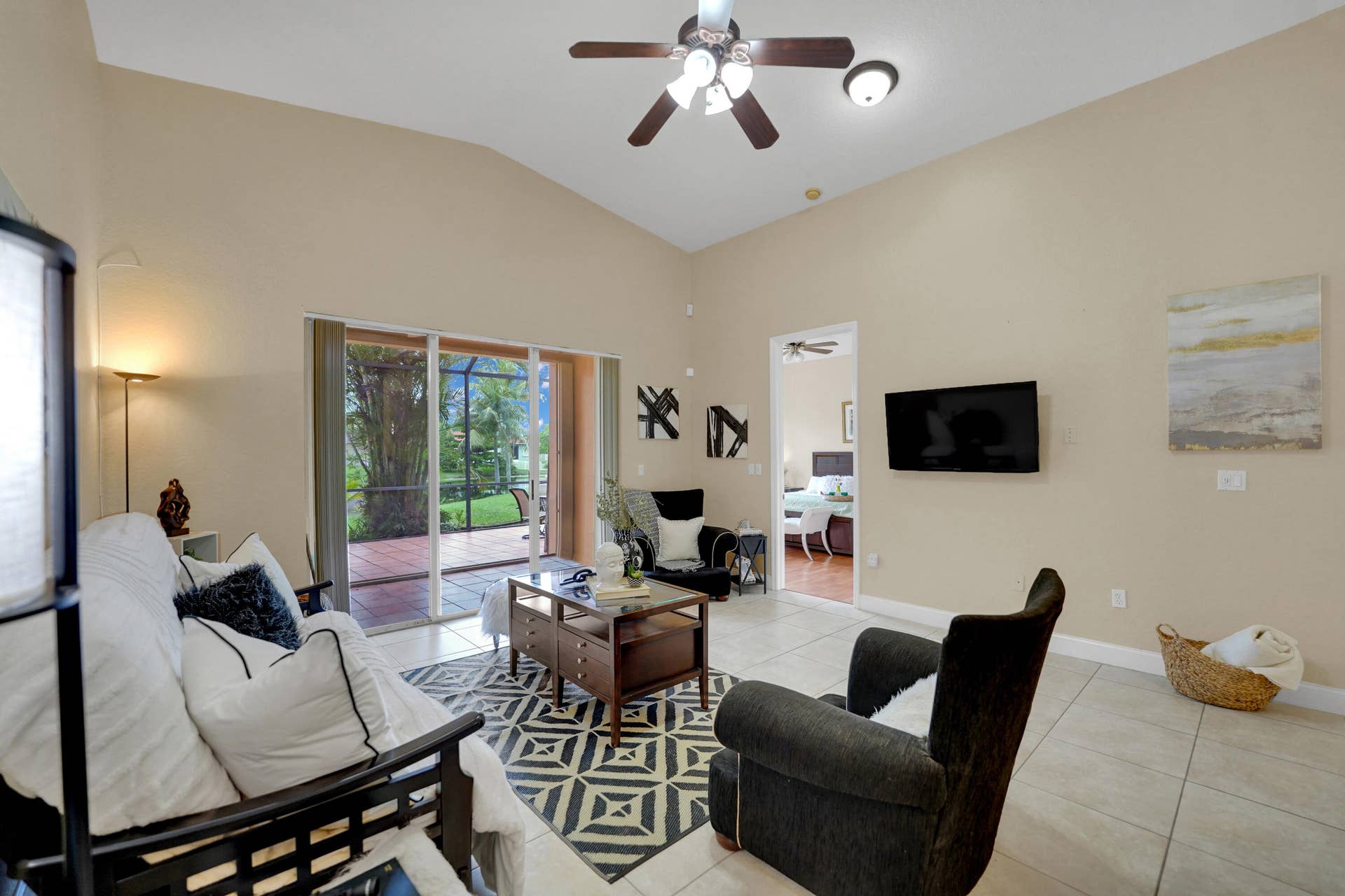 family room with lake view
