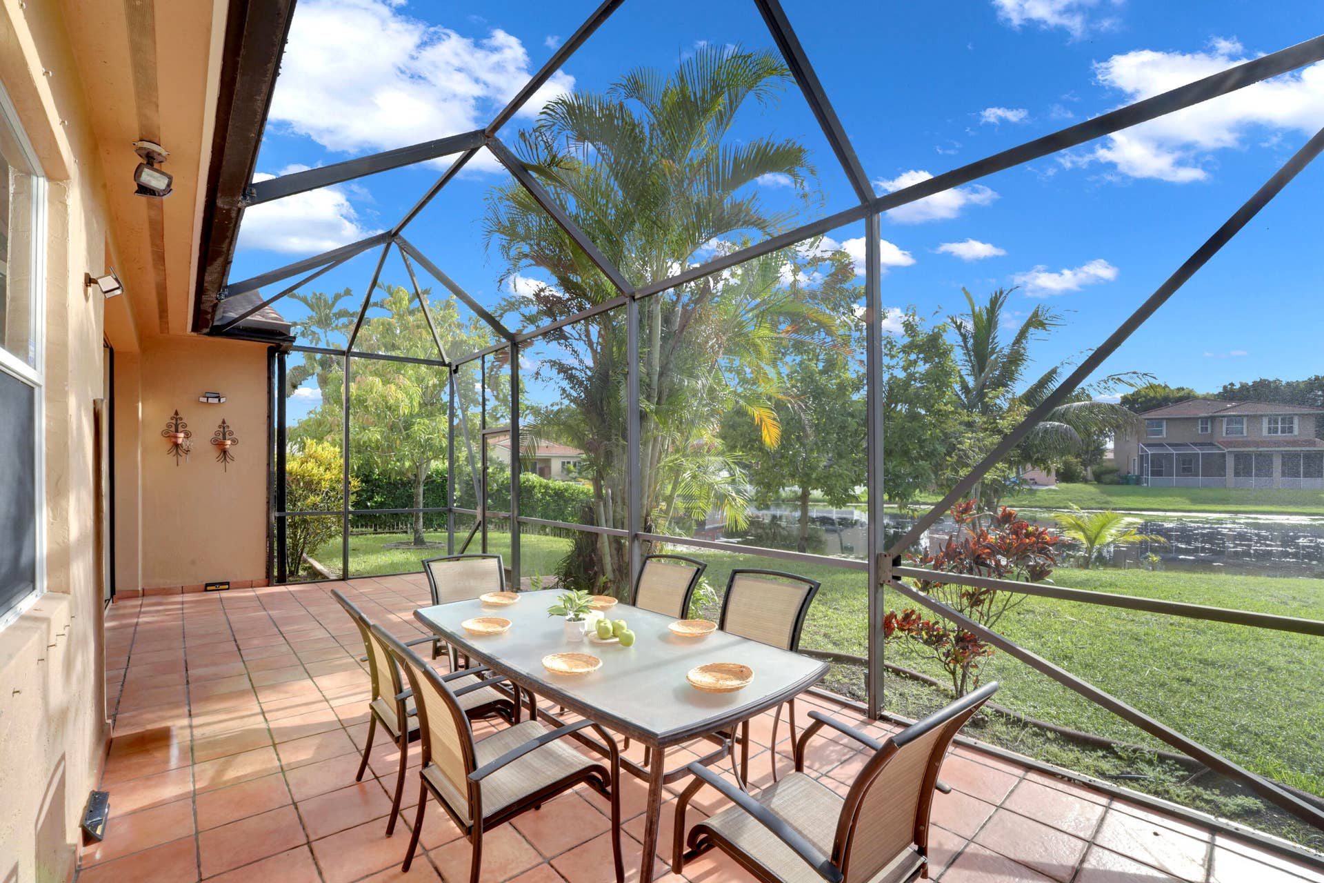 screened patio with lake view