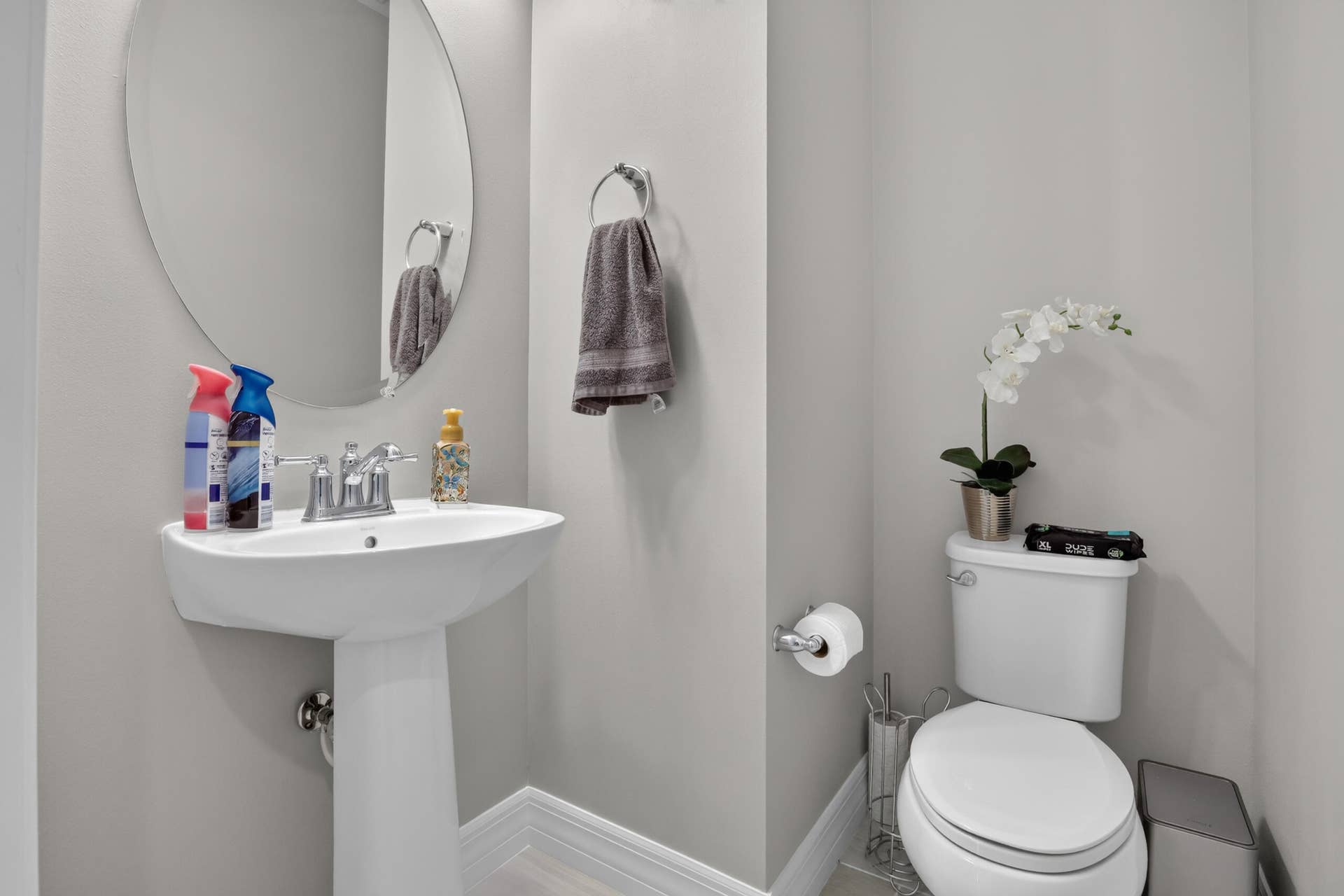 765 NW 84TH Terrace, Plantation, FL 33324 Pedestal sink with polished chrome faucet, oval frameless mirror, and a white toilet