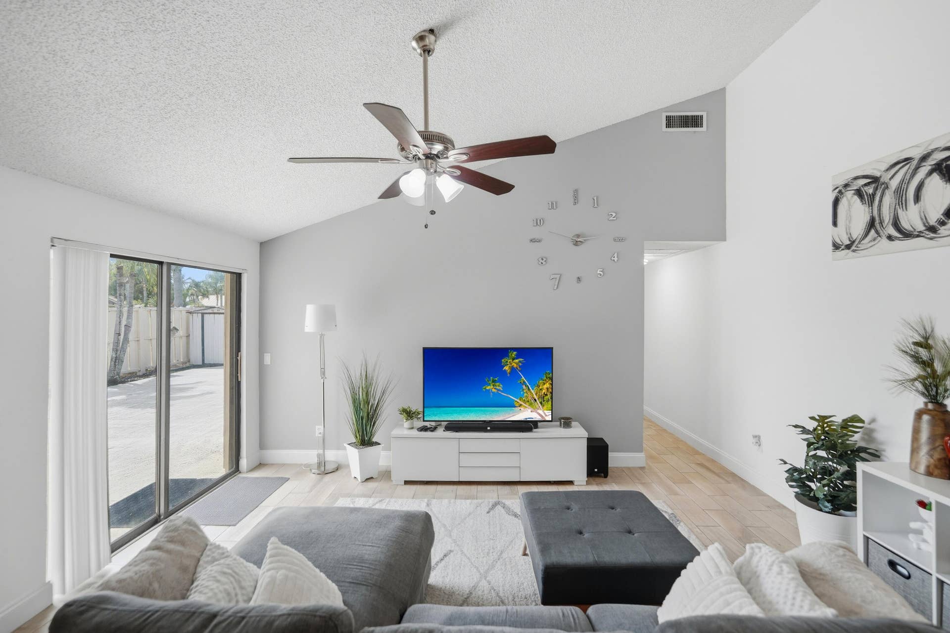 Vaulted ceiling with an installed ceiling fan