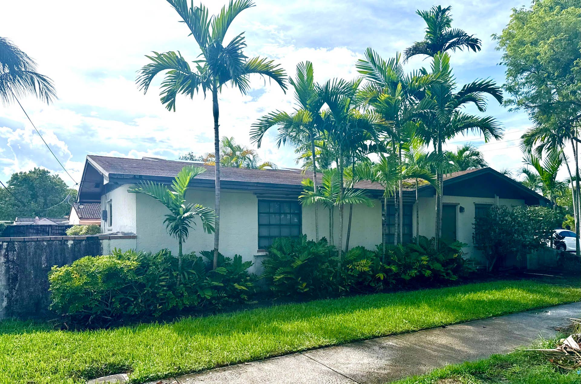 2390 NE 199th Street, Aventura, FL 33180 Stucco exterior with a gable roofline, featuring mature palm trees, diverse shrubbery, and a concrete sidewalk