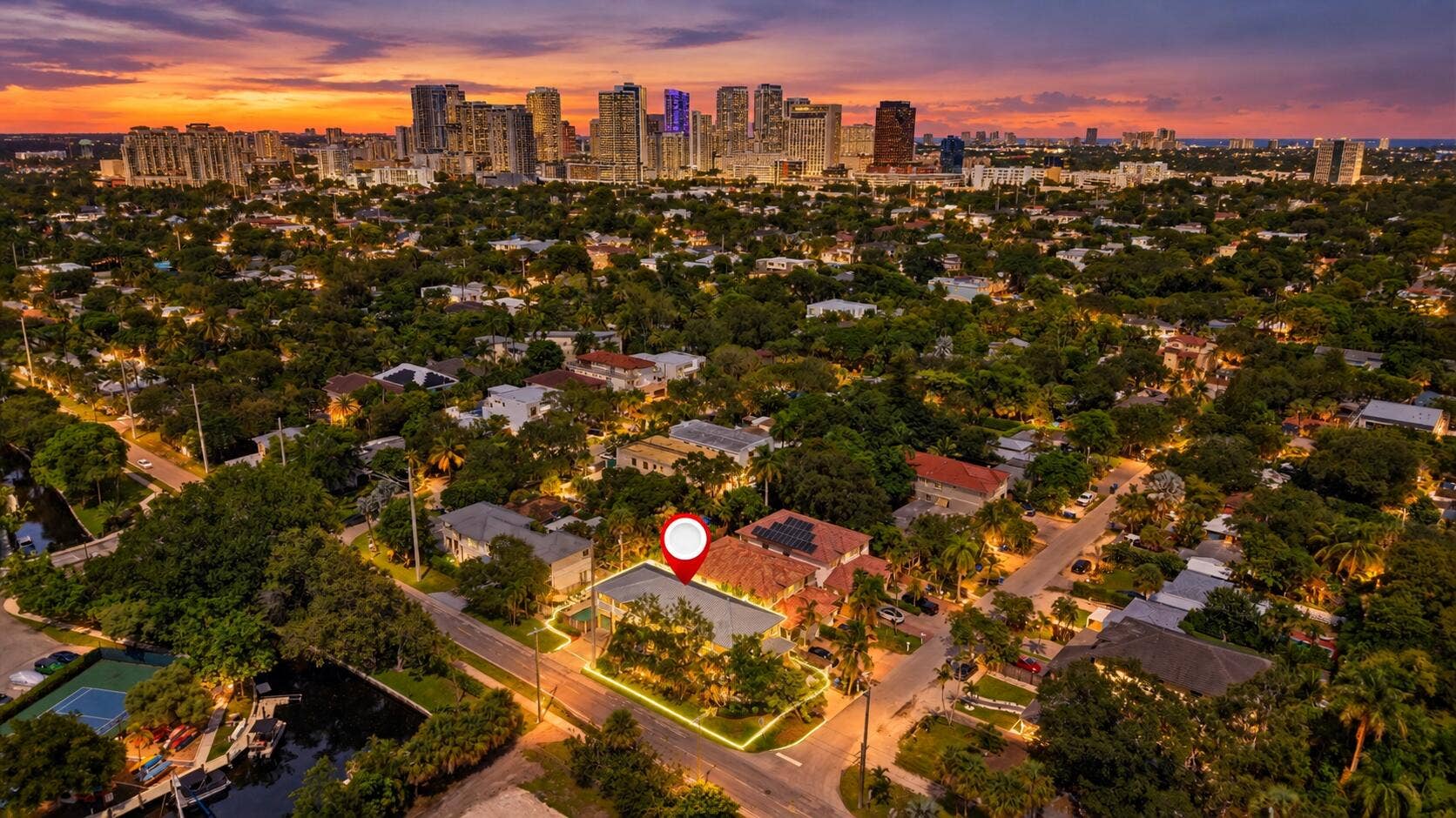 Aerial perspective showcasing a vibrant city skyline and lush, tree-lined streets