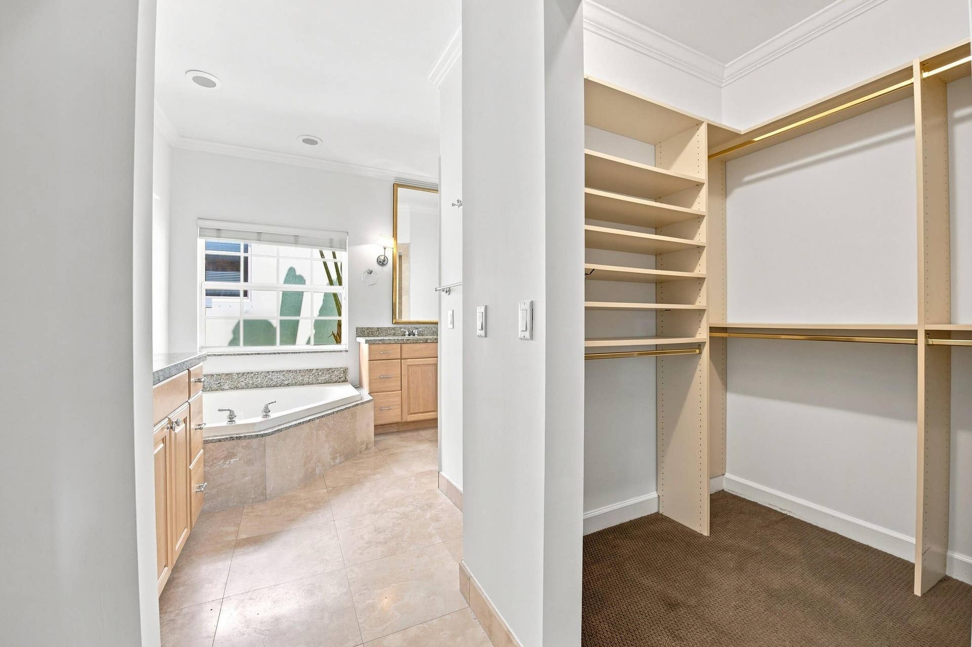 Walk-in closet with built-in shelving, organized hanging storage, and carpeted flooring