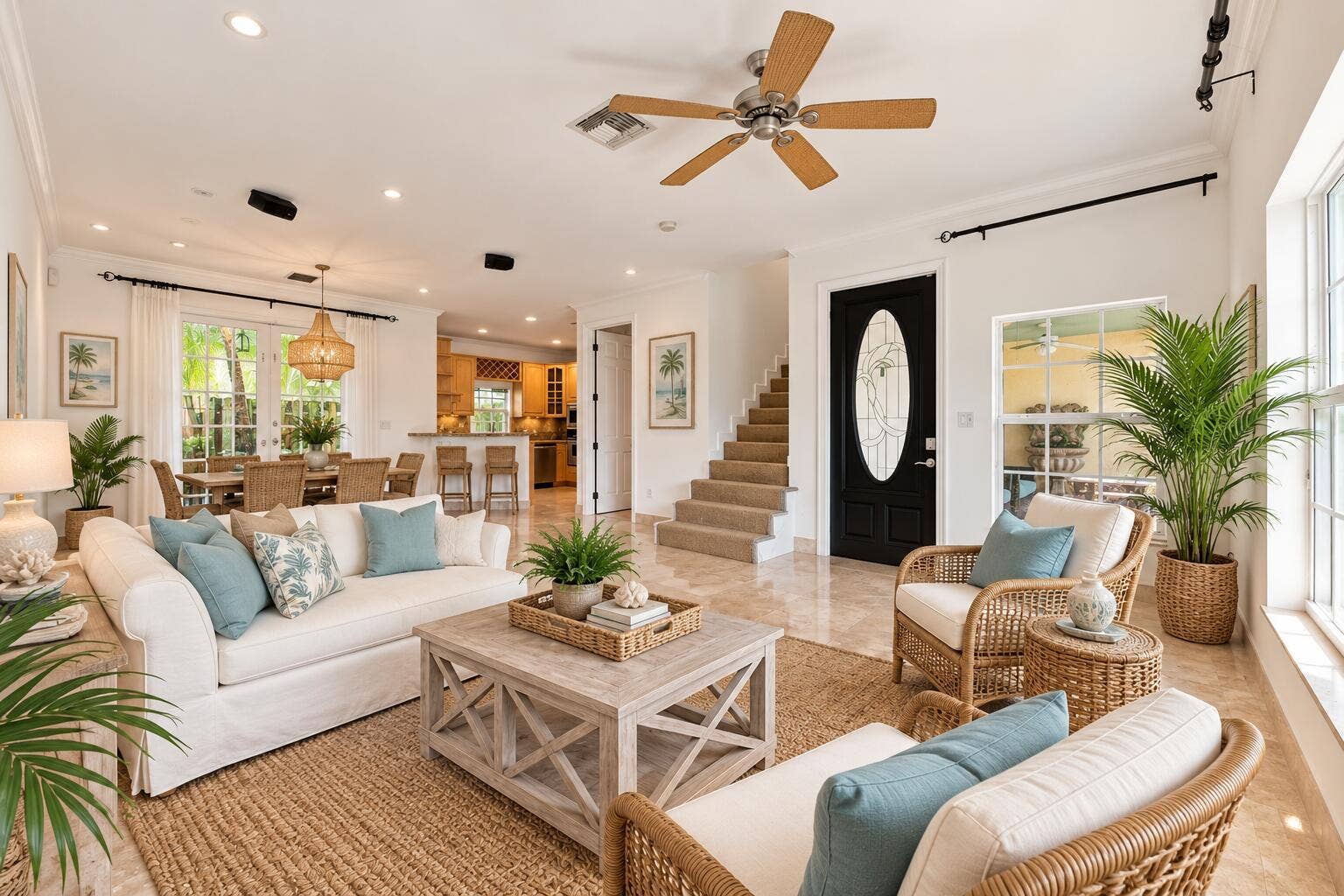 Open-concept living area featuring polished tile flooring, recessed lighting, and a ceiling fan