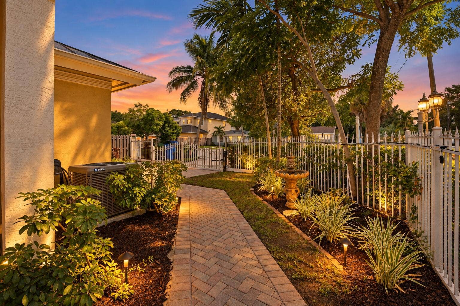 Paver walkway leading to a landscaped garden featuring a decorative fountain and mature trees, bordered by a white picket fence