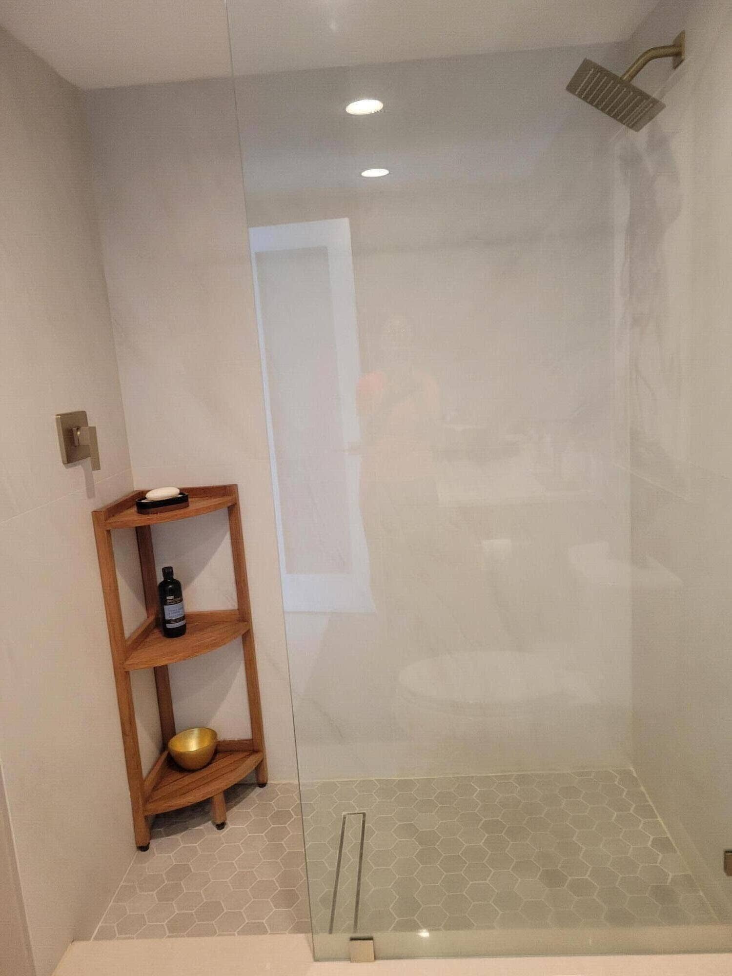 Marble walls,glass shower