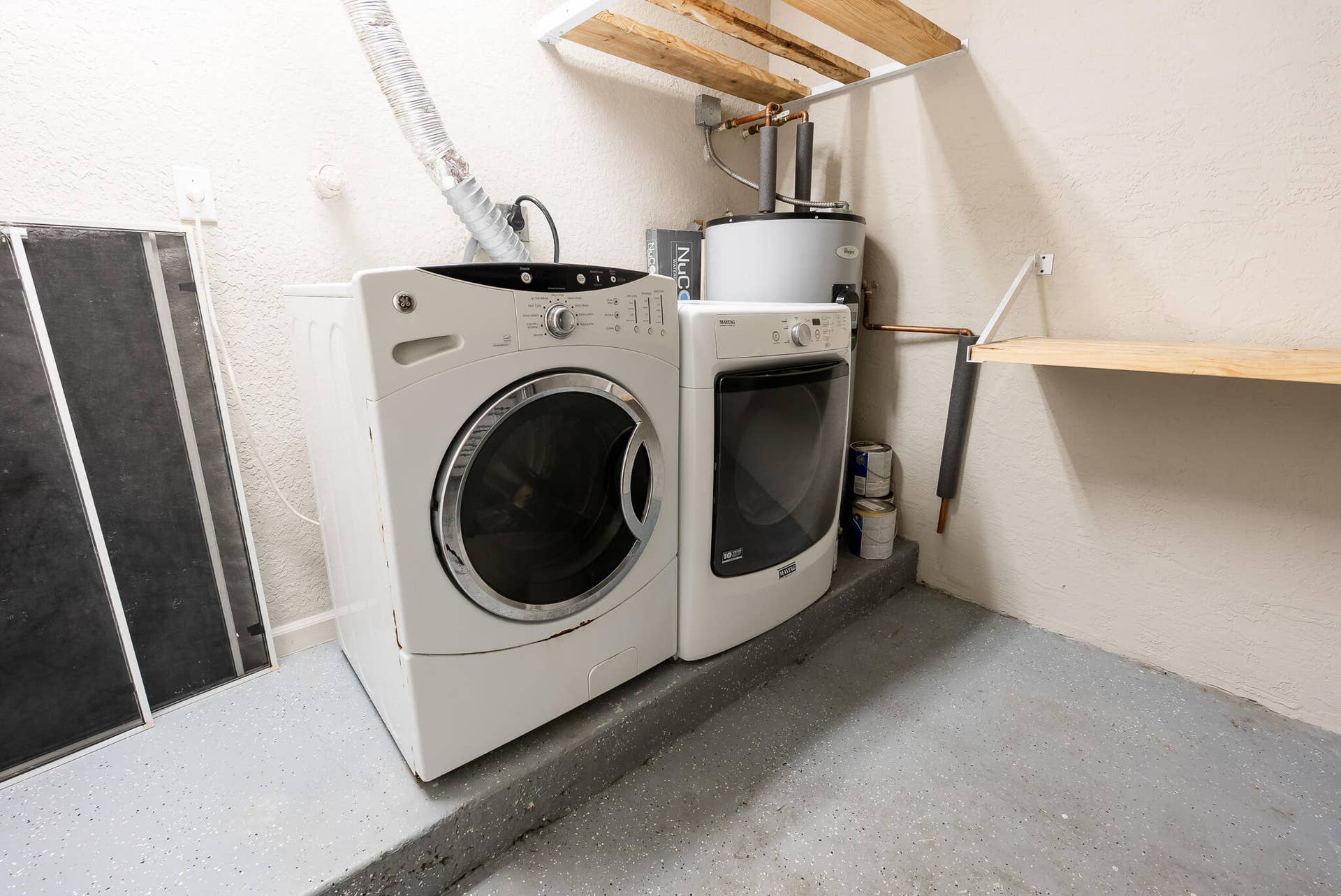 WASHER & DRYER IN GARAGE,WITH SHELVING