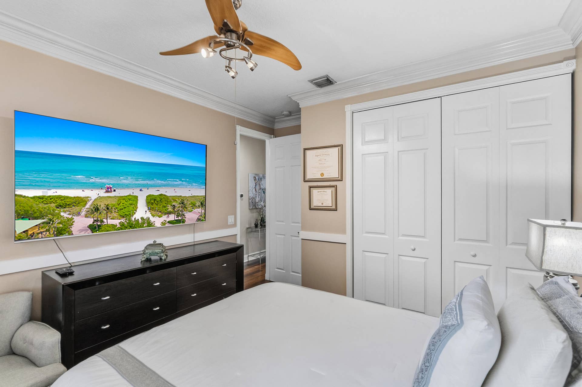Alternate view highlights the bedrooms generous proportions and ample closet storage.