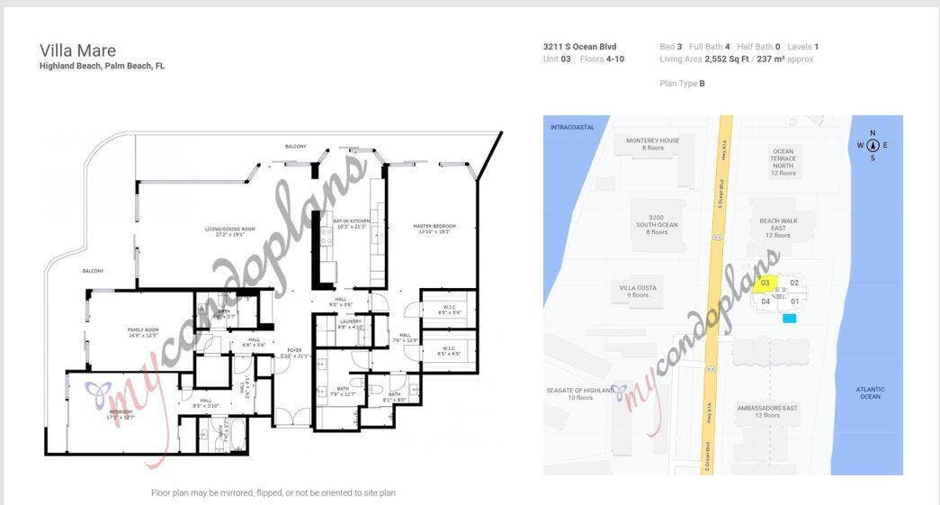 3211 S Ocean Boulevard, #403, Highland Beach, FL 33487 Floor Plan Unit 403