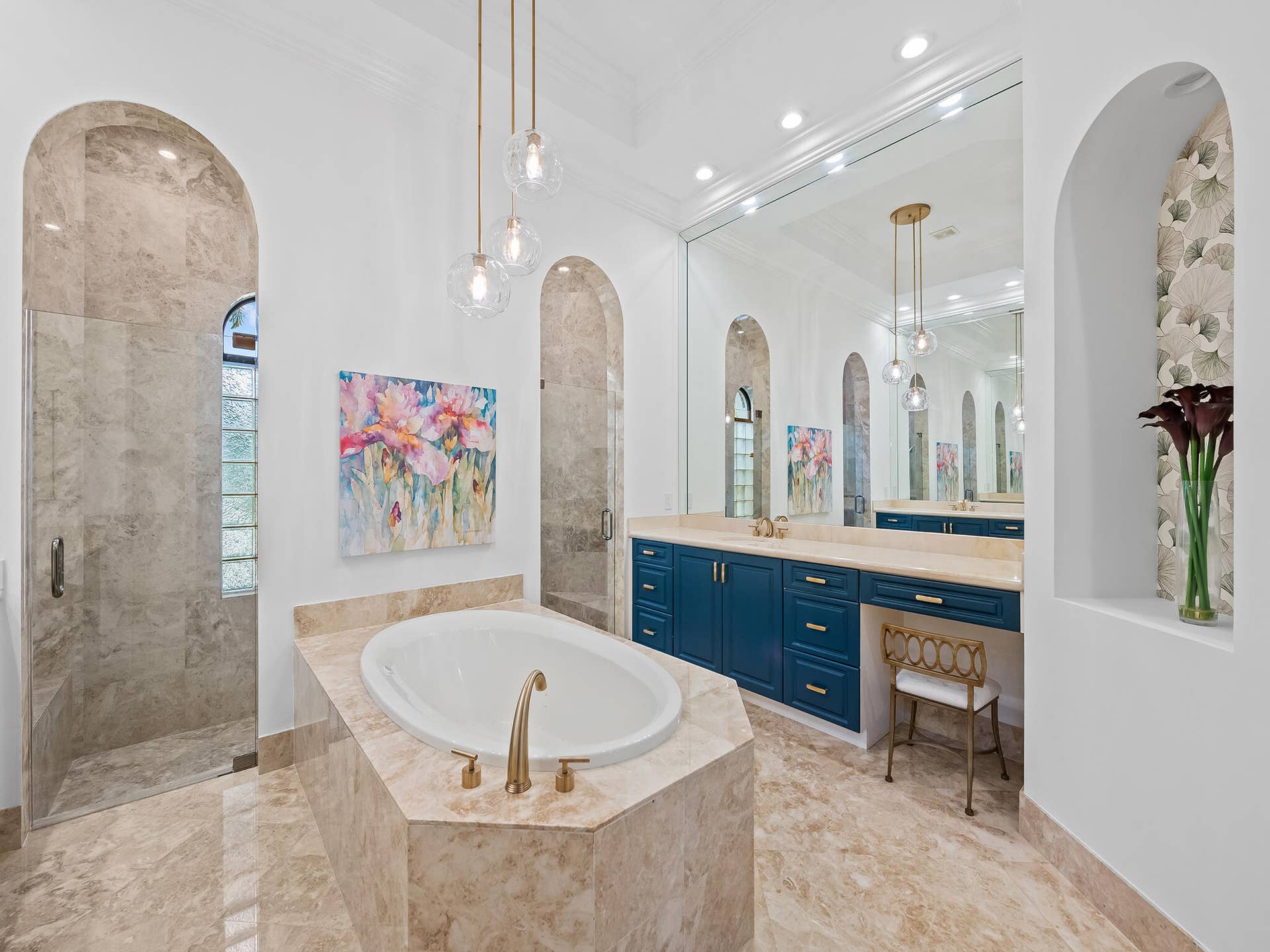 10241 KEY PLUM Street, Plantation, FL 33324 Primary Bath with Marble Floors, Walls and Marble Slab Vanity Tops and Walk Around Shower