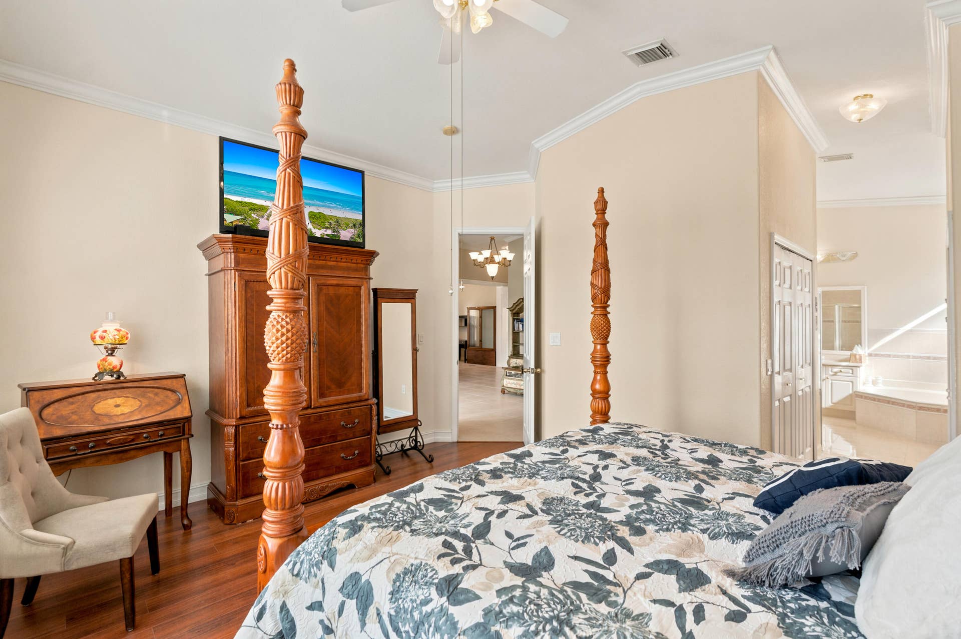The primary suite connects directly to the bath and closet areas for everyday convenience.