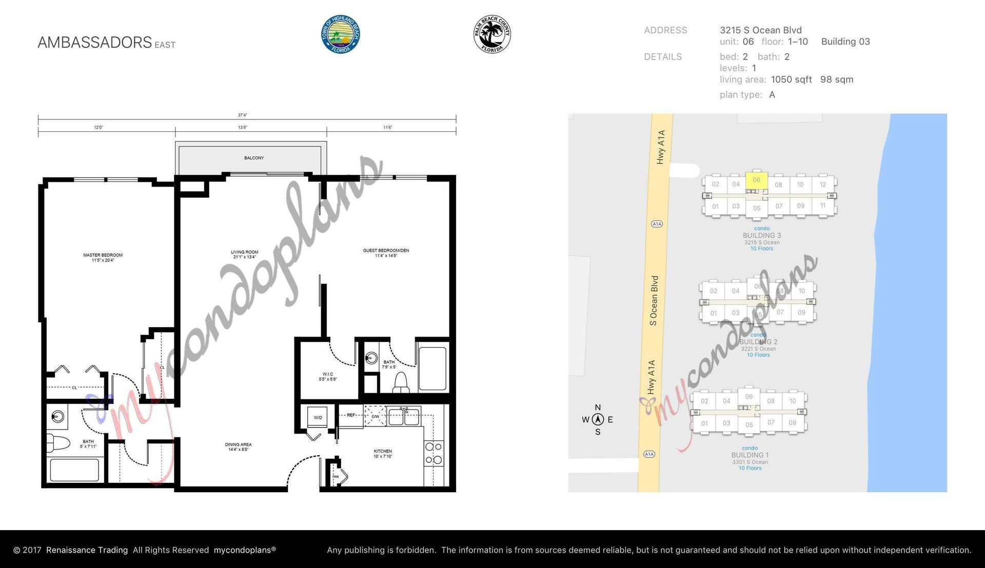 3215 S Ocean Boulevard, #906, Highland Beach, FL 33487 Floor Plan & Site Map