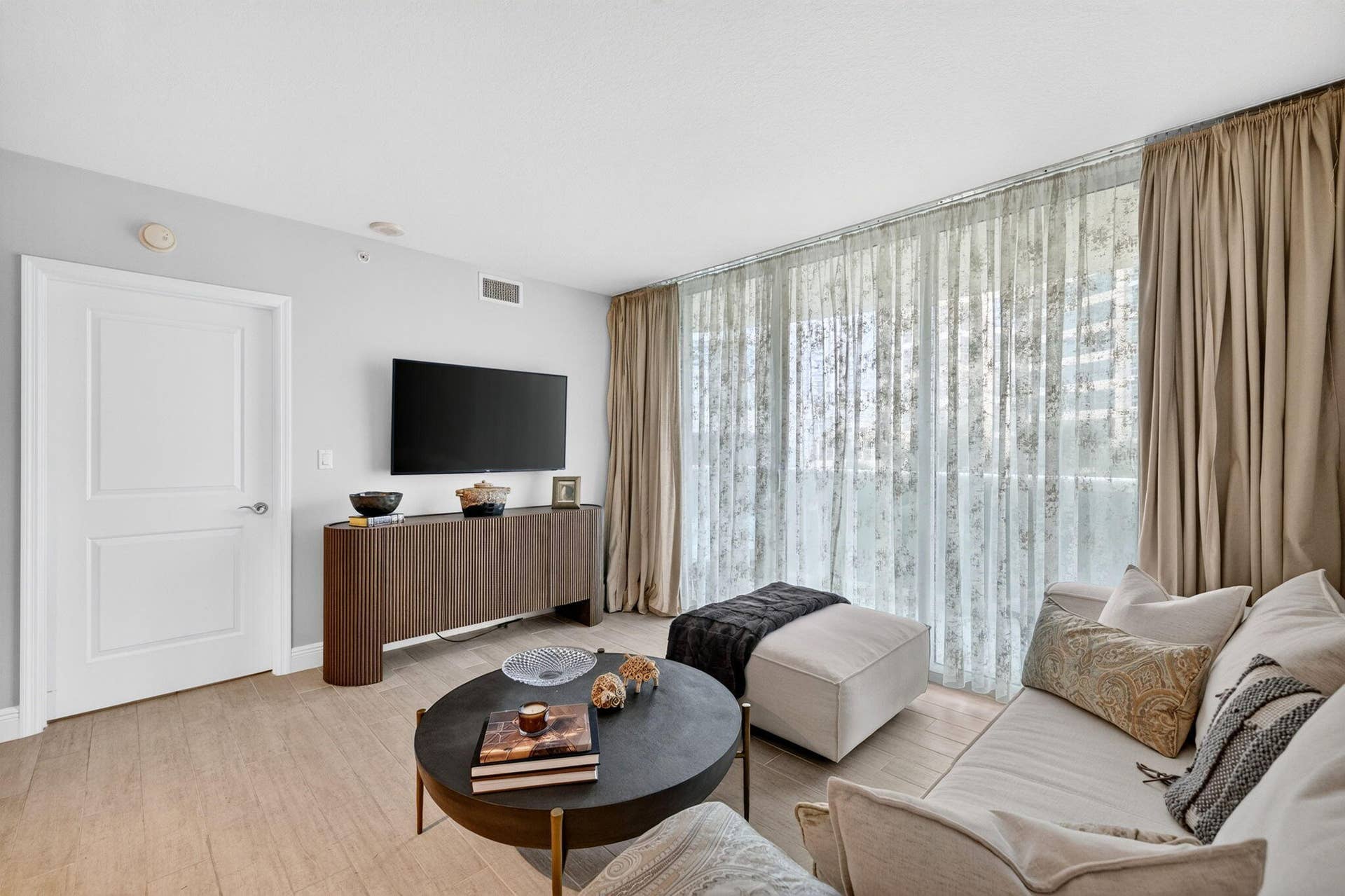 Tile-finish flooring complemented by light gray walls