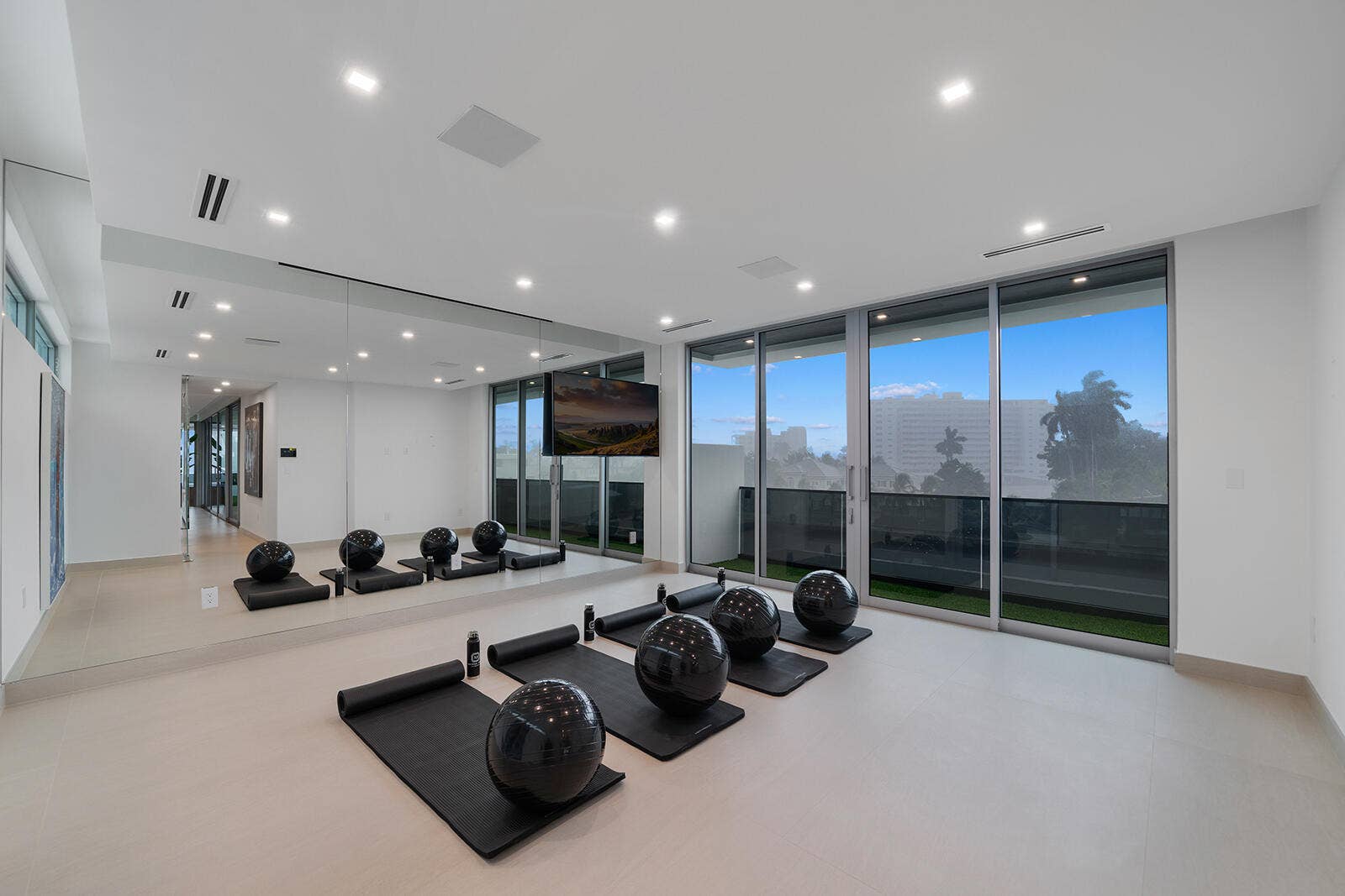414 ROYAL PLAZA Drive, Fort Lauderdale, FL 33301 Glass-enclosed fitness studio featuring a mirrored wall, dedicated workout space, and direct access to the turf terrace with elevated city views.
