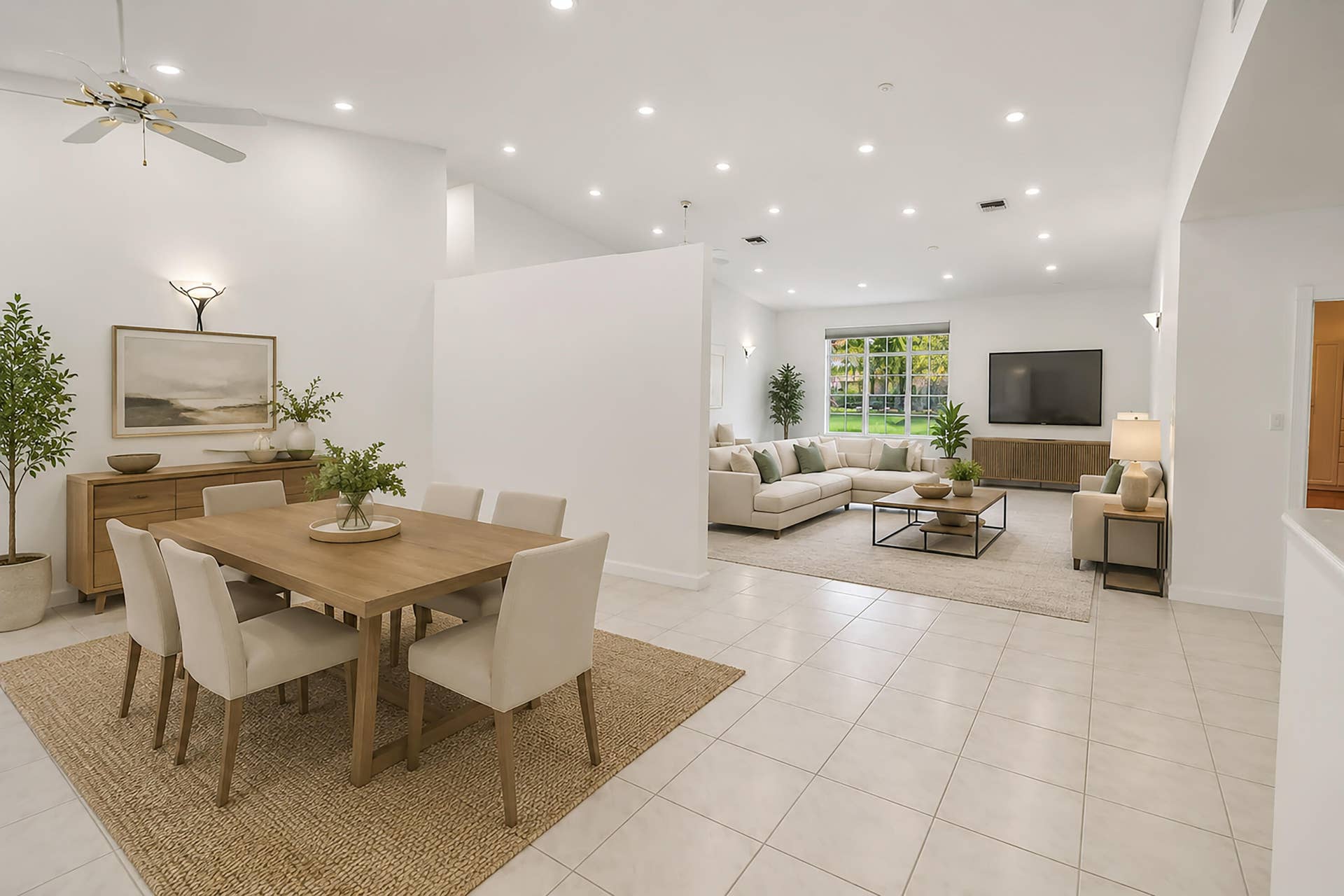 Open concept interior with light tile flooring and recessed lighting