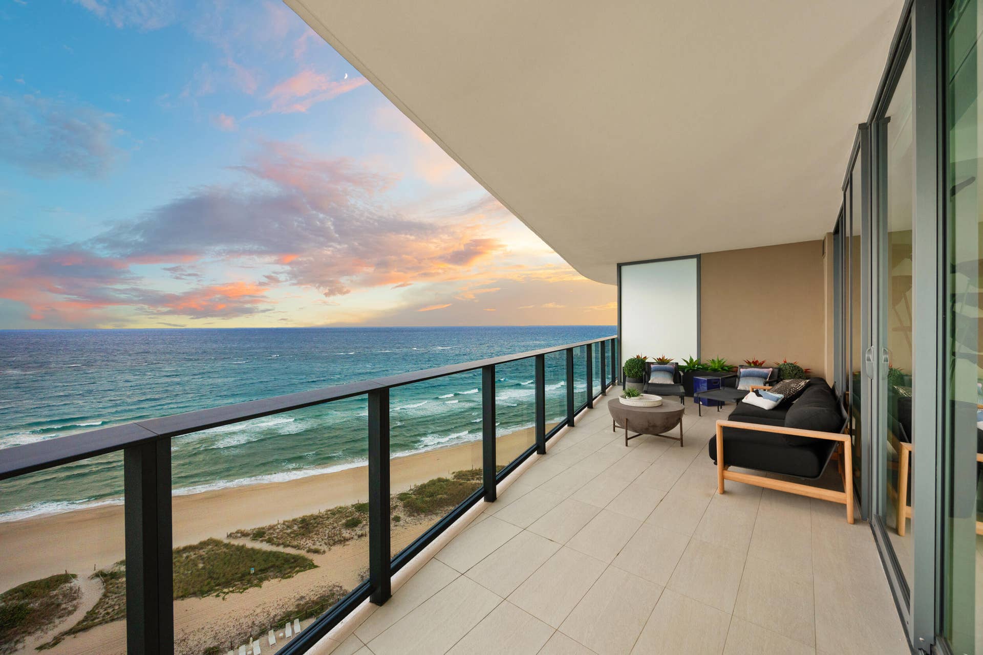 730 N Ocean Boulevard, Pompano Beach, FL 33062 The expansive wraparound balcony offers an exceptional amount of outdoor living space and a peaceful setting to unwind with family and friends. As evening falls, enjoy colorful sunsets over the Intracoastal while the Atlantic fades into twilight and ocean breezes move gently through the air.