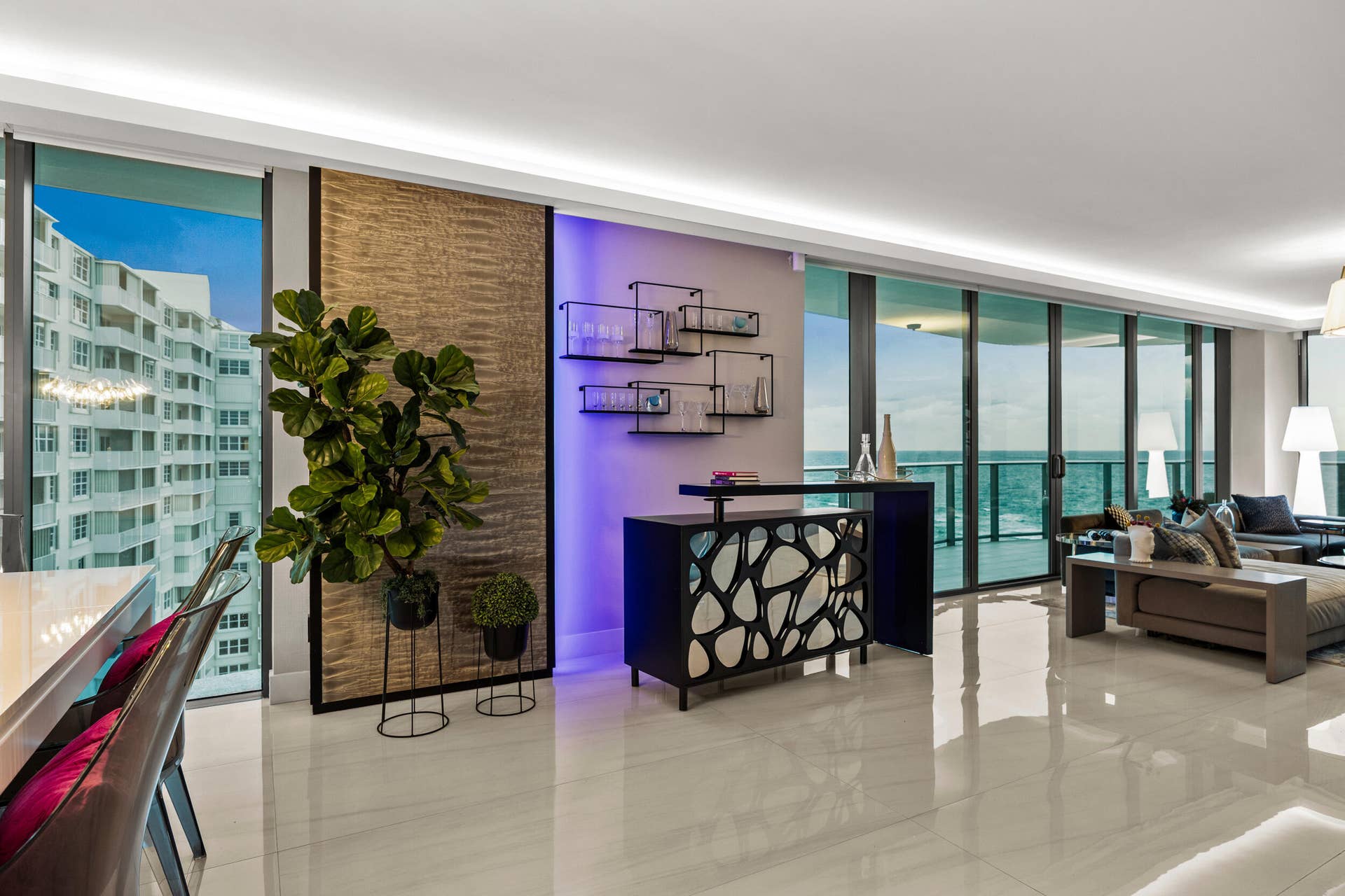 730 N Ocean Boulevard, Pompano Beach, FL 33062 As the sun recedes into the night, the custom lighting comes alive showing why this is the most stylish condo in Pompano Beach.