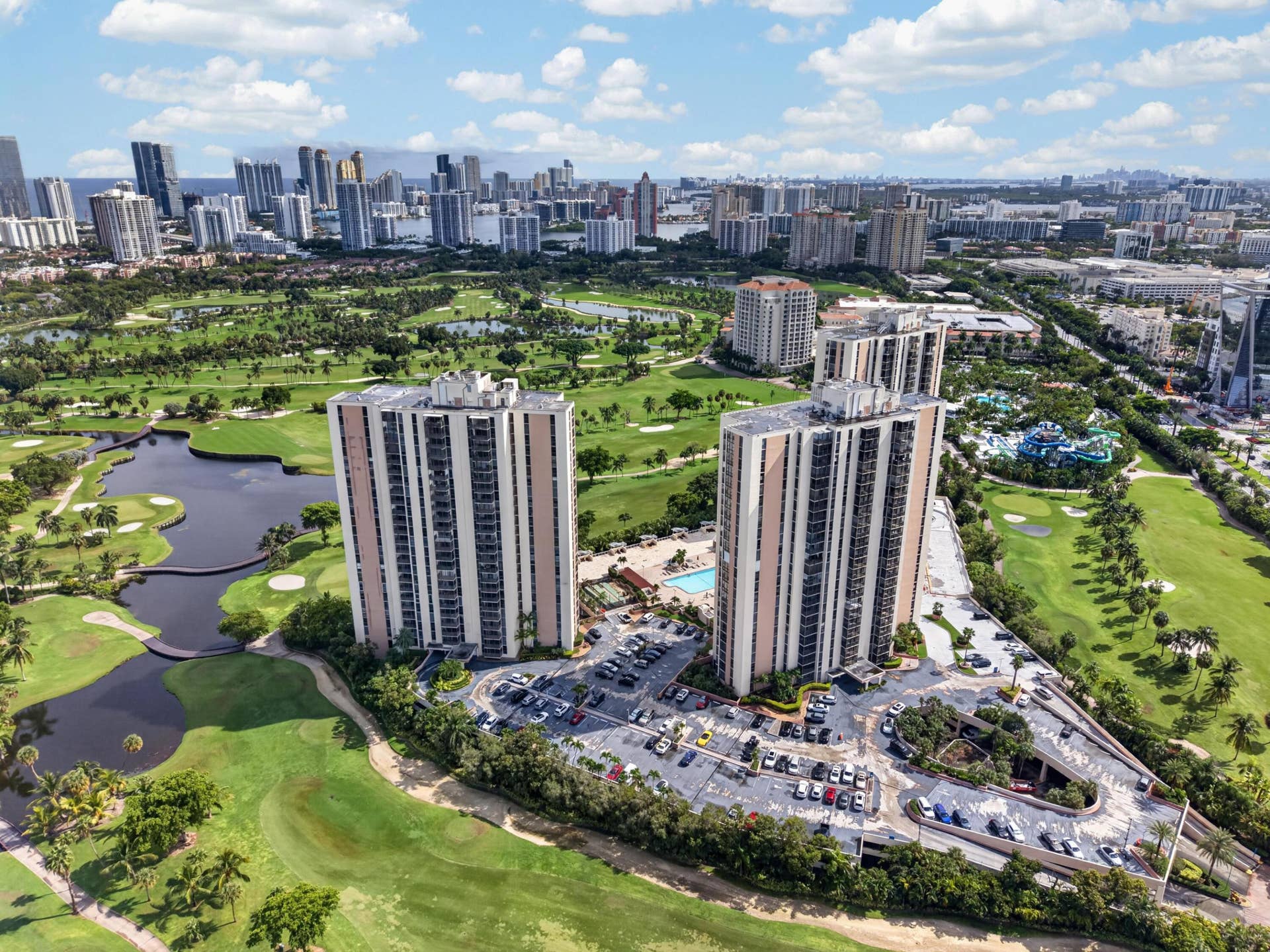 20379 W COUNTRY CLUB Drive, #1139, Aventura, FL 33180 High-rise property featuring multiple towers, surrounding golf course, water features, and expansive urban backdrop